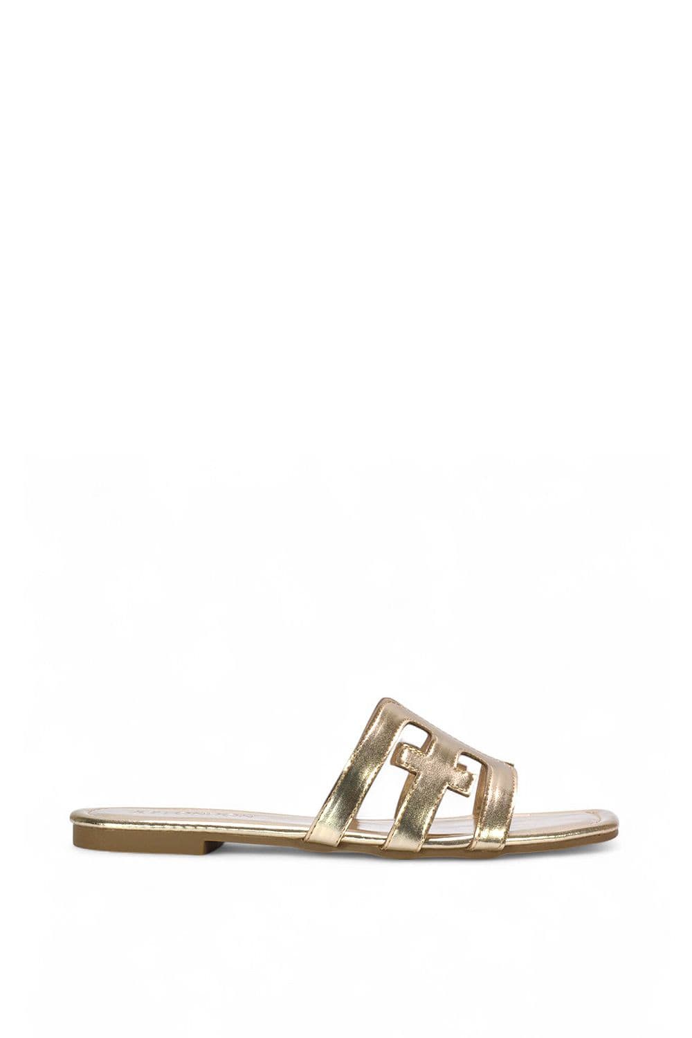XY London Women's 'Ellie' Square Toe Cut Out Strap Flat Sandal Slides in Metallic Gold | Size: 5