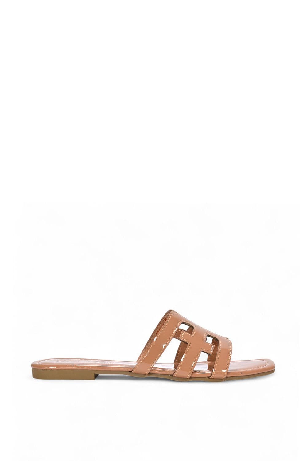 XY London Women's 'Ellie' Square Toe Cut Out Strap Flat Sandal Slides in Taupe | Size: 4