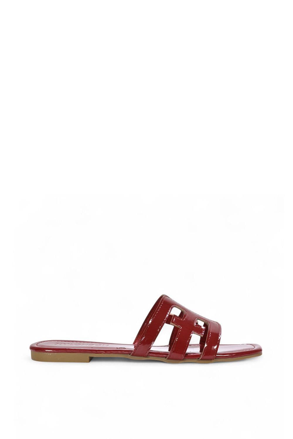 XY London Women's 'Ellie' Square Toe Cut Out Strap Flat Sandal Slides in Red | Size: 4
