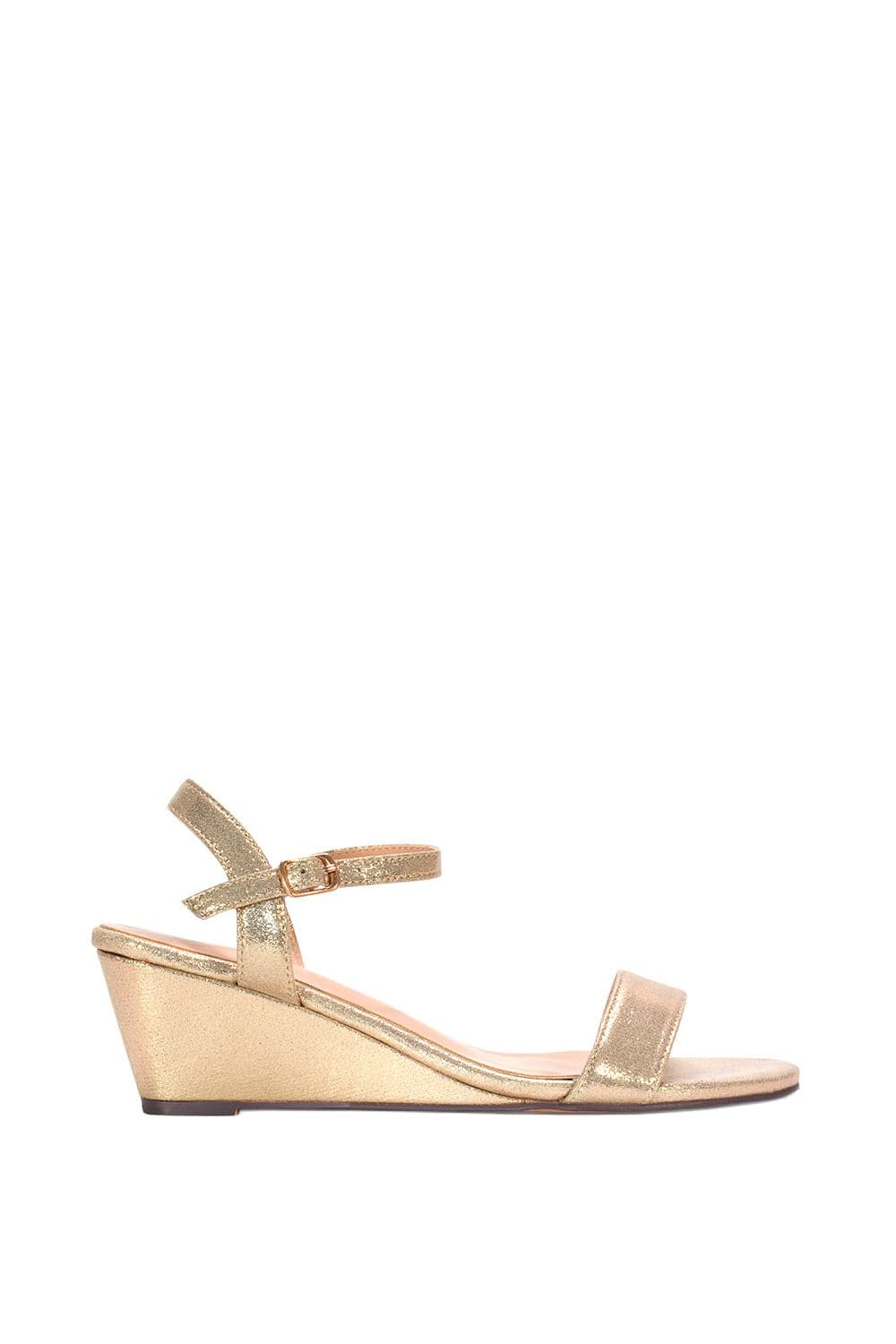 XY London Women's 'Alissa' Low Wedge Heel Sandals With Ankle Strap in Gold | Size: 5