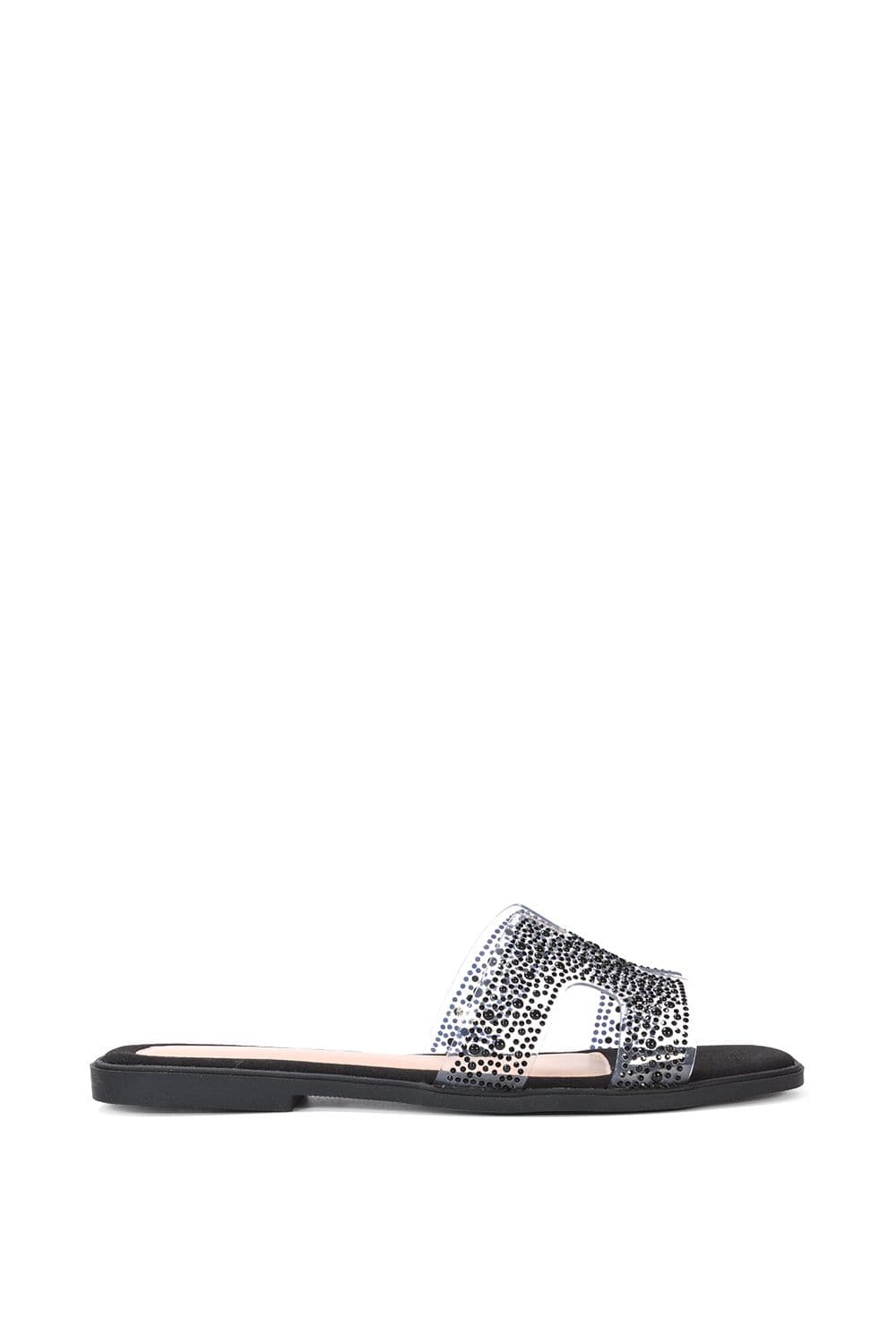 XY London Women's 'Patsy' Square Toe Slip On Diamante Slider Sandal Shoes in Black | Size: 5