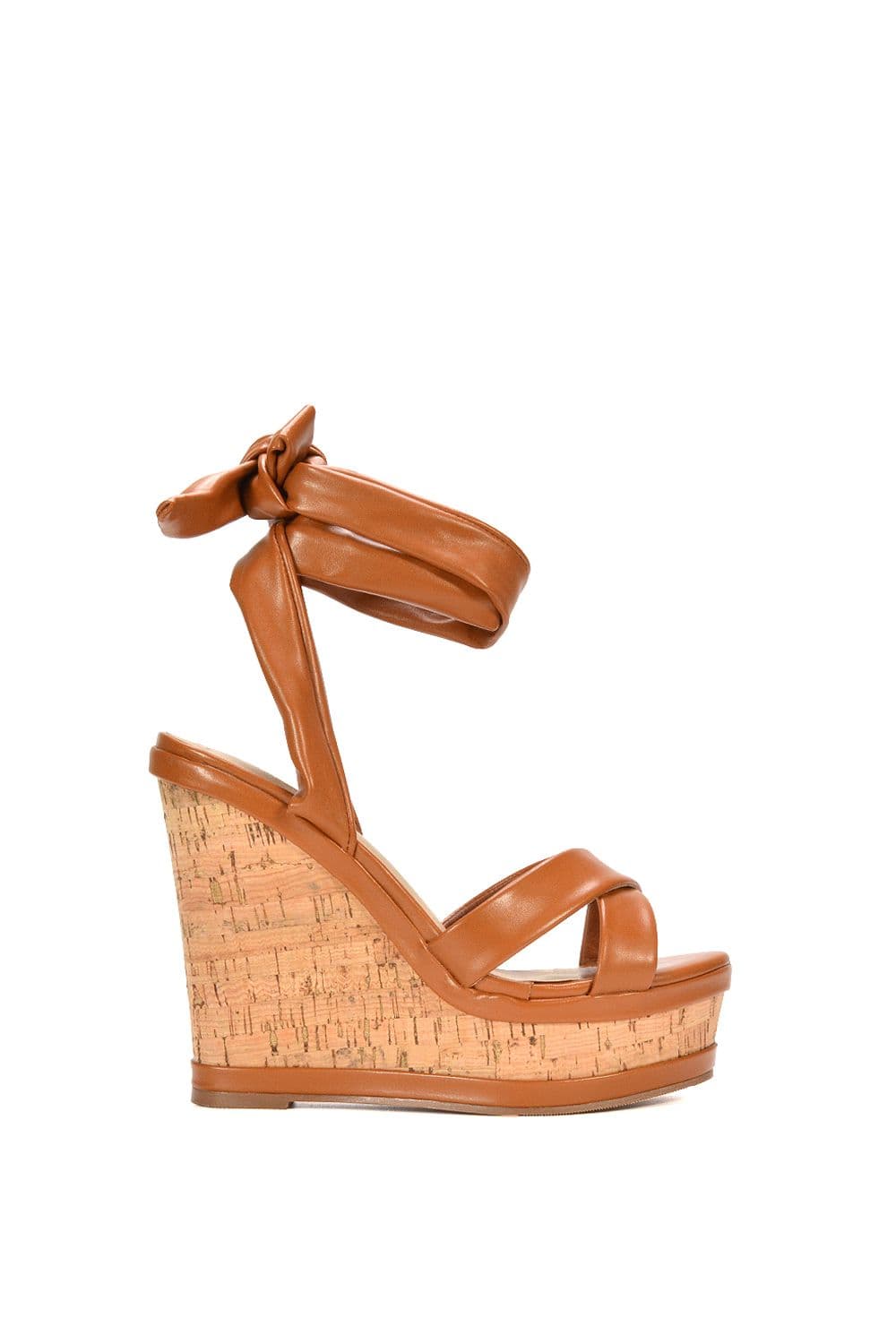 XY London Women's 'Kammie' Lace Up Strappy Cork Platform Wedge Heel Sandal Shoes in Tan | Size: 7