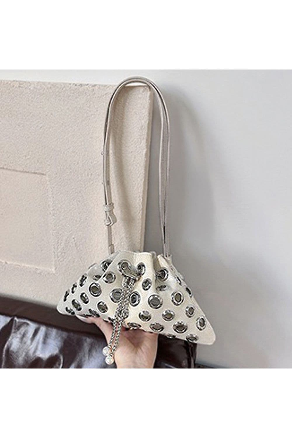 XY London Women's 'Janieka' Drawstring Chain Shoulder Bag with Eyelet Studs in Beige