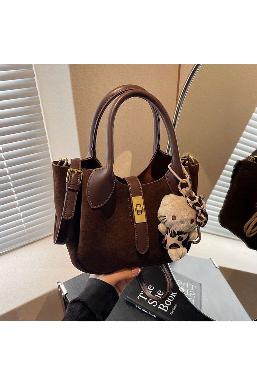 XY London Women's 'Elisie' Mini Tote Crossbody Handbag with Plush Charm in Brown