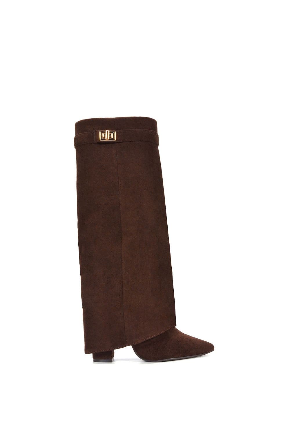 XY London Women's 'Rayna' Block Heel Knee High Foldover Boots With Pointed Toe in Chocolate | Size: 8