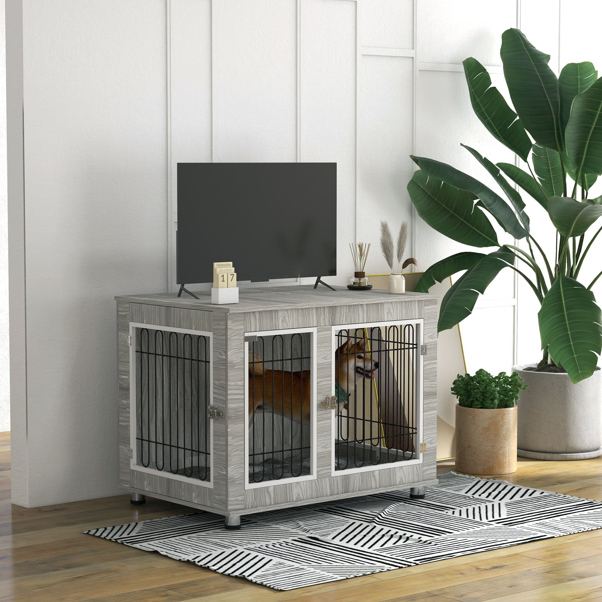Dog Crate Furniture, Dog Crate End Table w/ Soft Cushion, Double Door - Grey