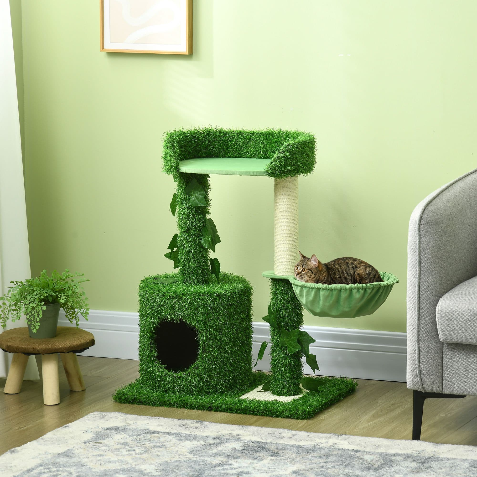 77cm Cat Tree with Green Leave Cat Climbing Tree with Hammock