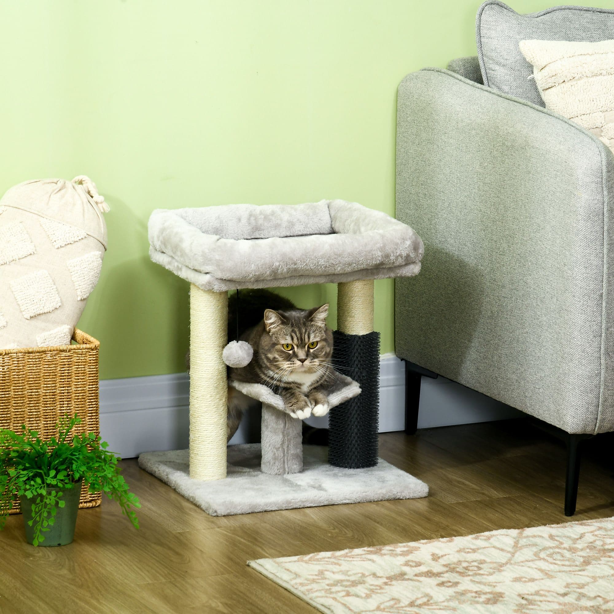 Small Cat Tree with Scratching Posts Bed Perch Self Groomer Toy Grey