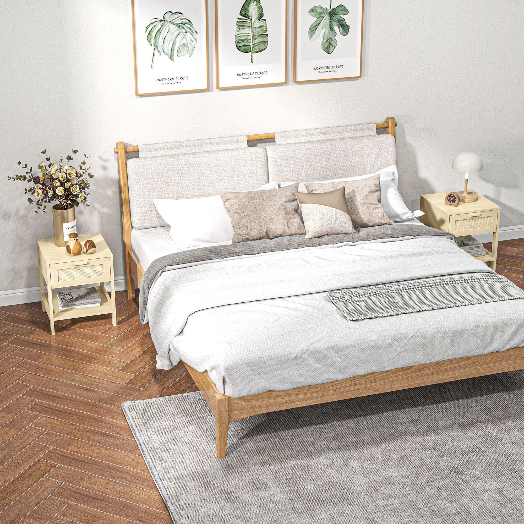 Bedside Table Nightstand with Rattan Drawer Storage Shelf