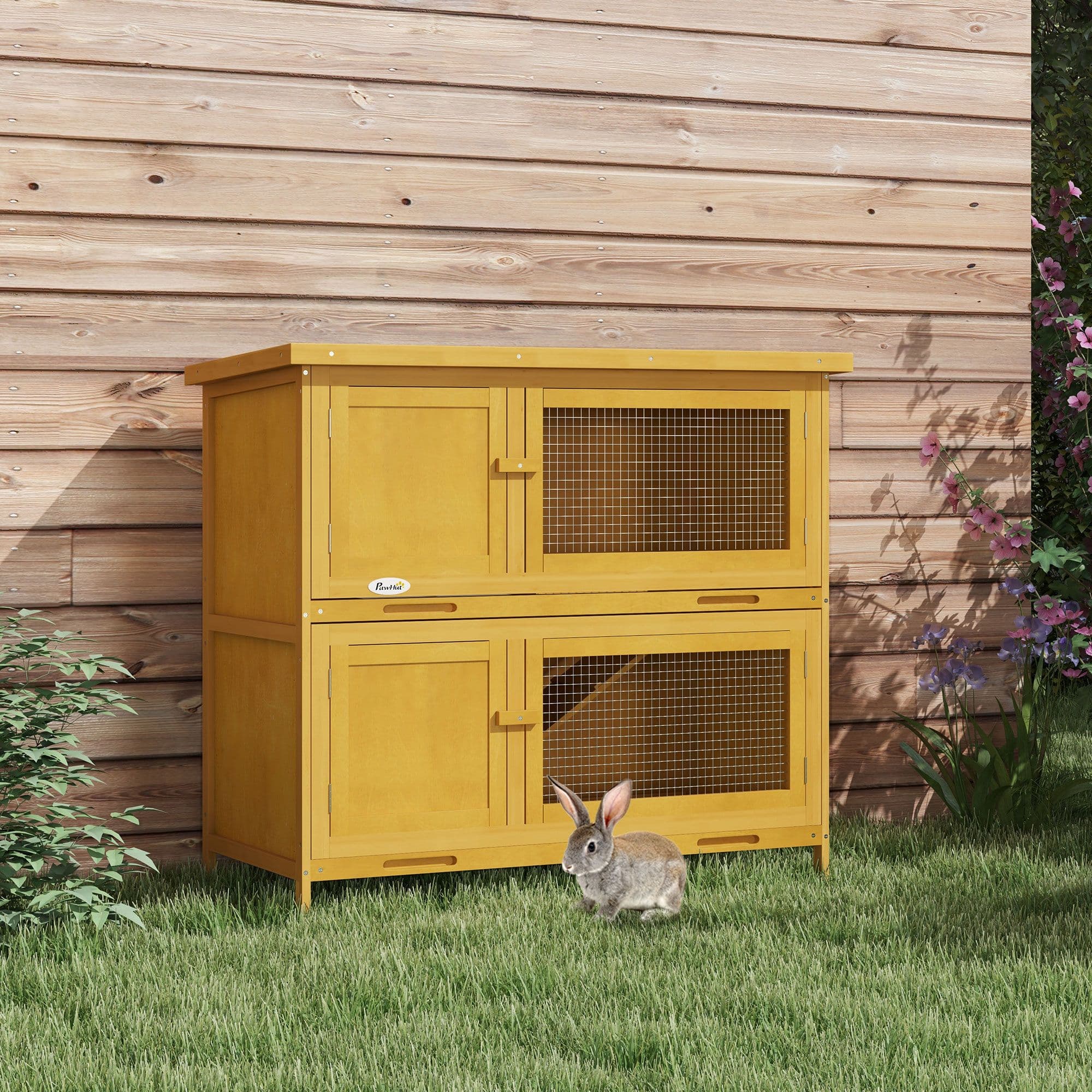 2-Tier Wooden Rabbit Hutch Guinea Pig House with Sliding-out Tray Ramp