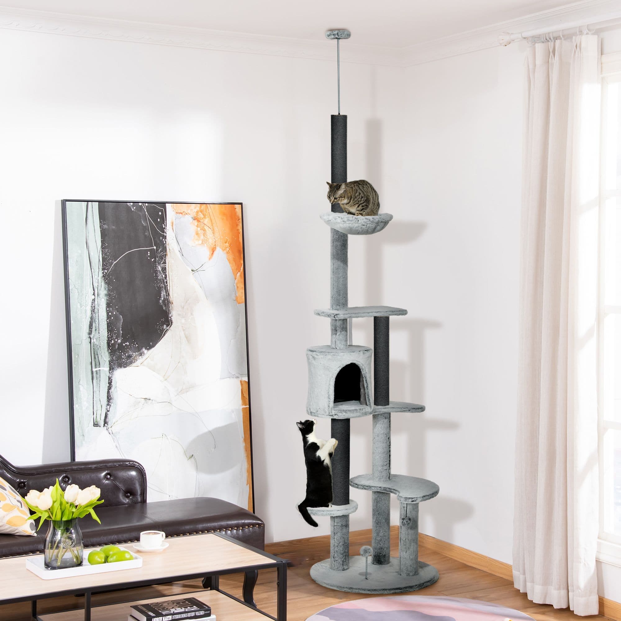 Floor to Ceiling Cat Tree with Scratching Posts Hammock House Grey