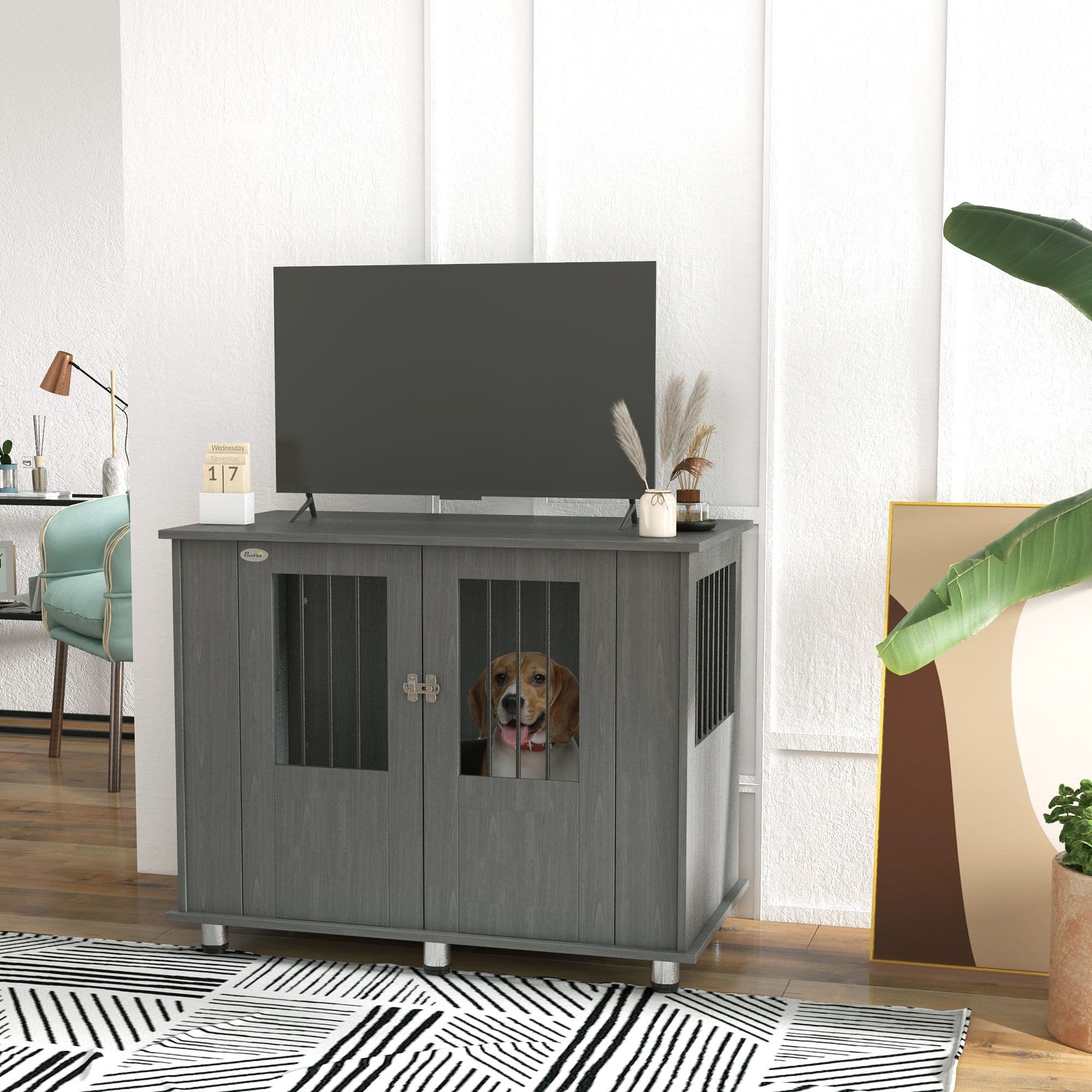 Dog Cage End Table for Dog, Stylish Pet Kennel w/ Magnetic Doors, Grey