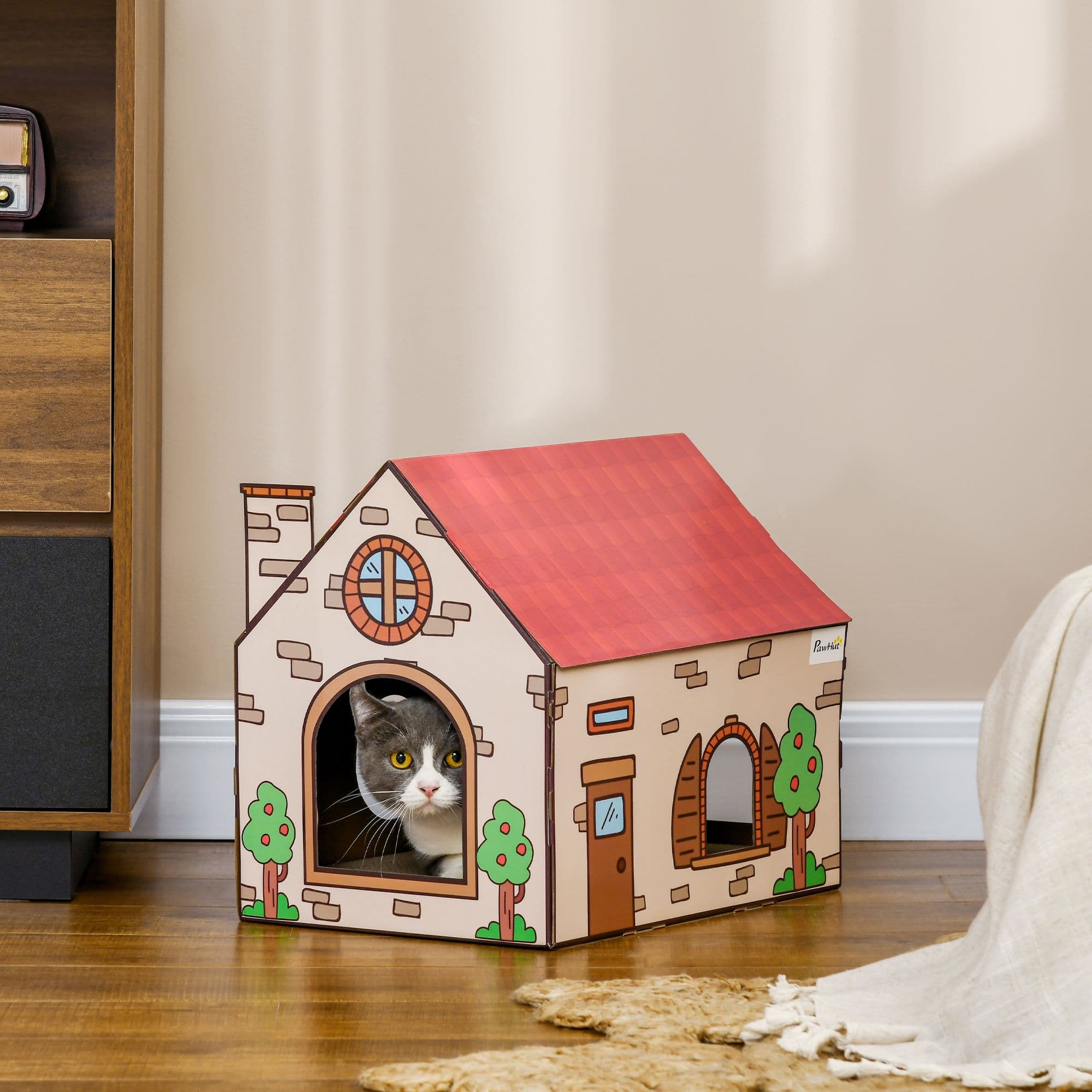 Cardboard Cat House with Scratcher/Catnip, 42 x 30 x 37cm, for Indoor Cats