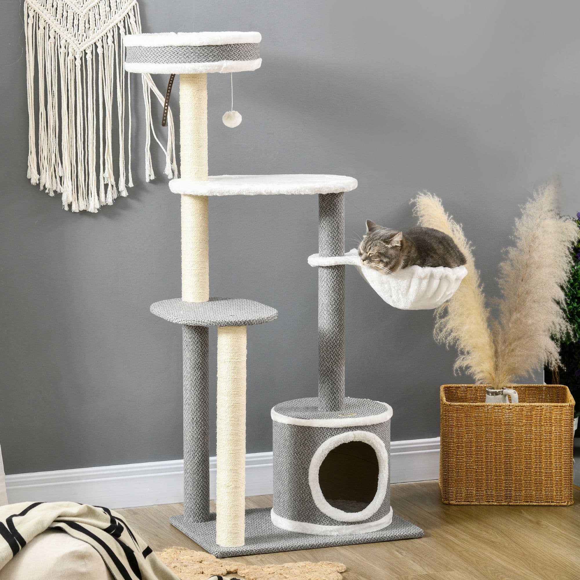132cm Cat Tree Tower with Sisal Scratching Post, Bed, Hammock, House, Platforms
