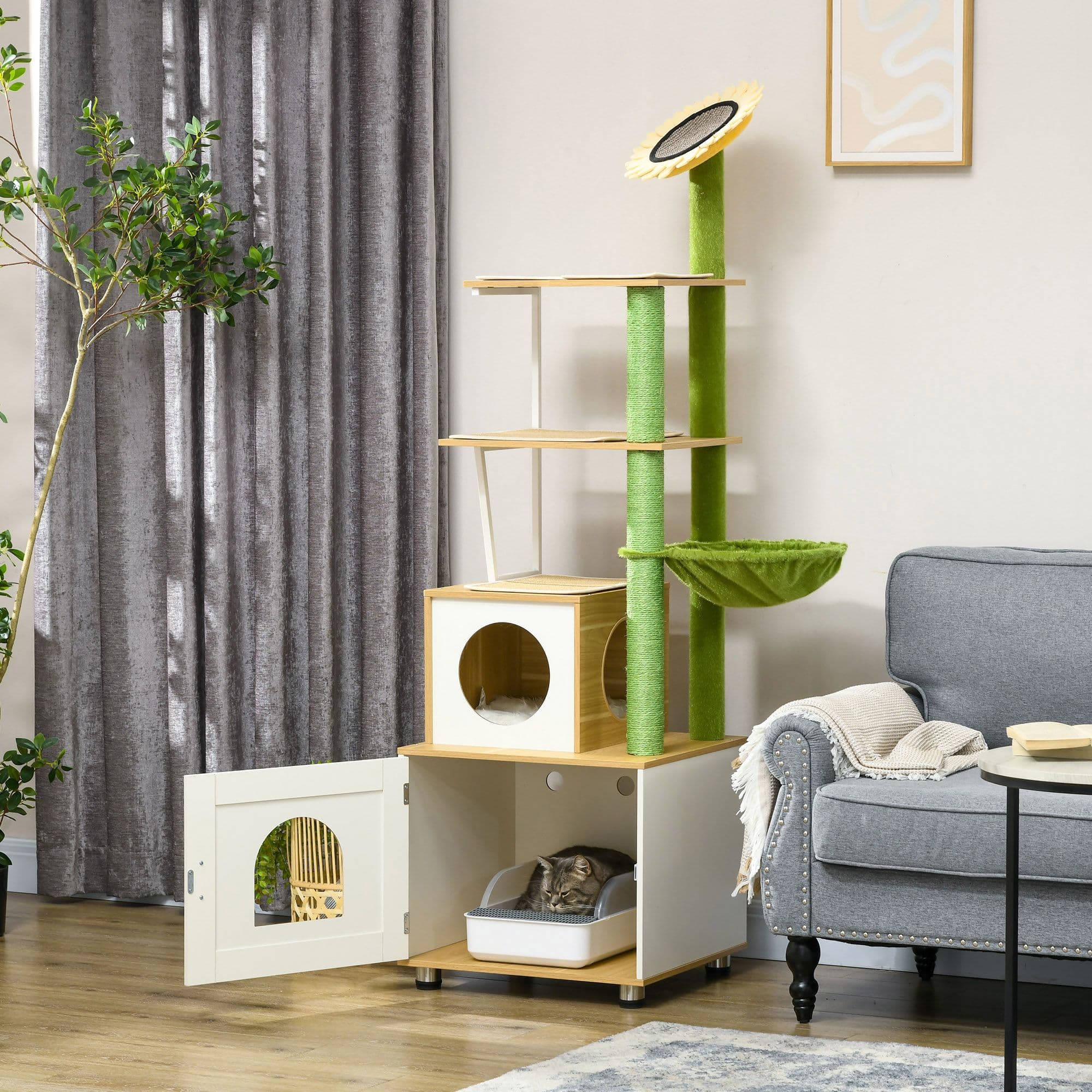 Cat Tree with Litter Box, Scratching Post, Cat House, Hammock - Oak Tone