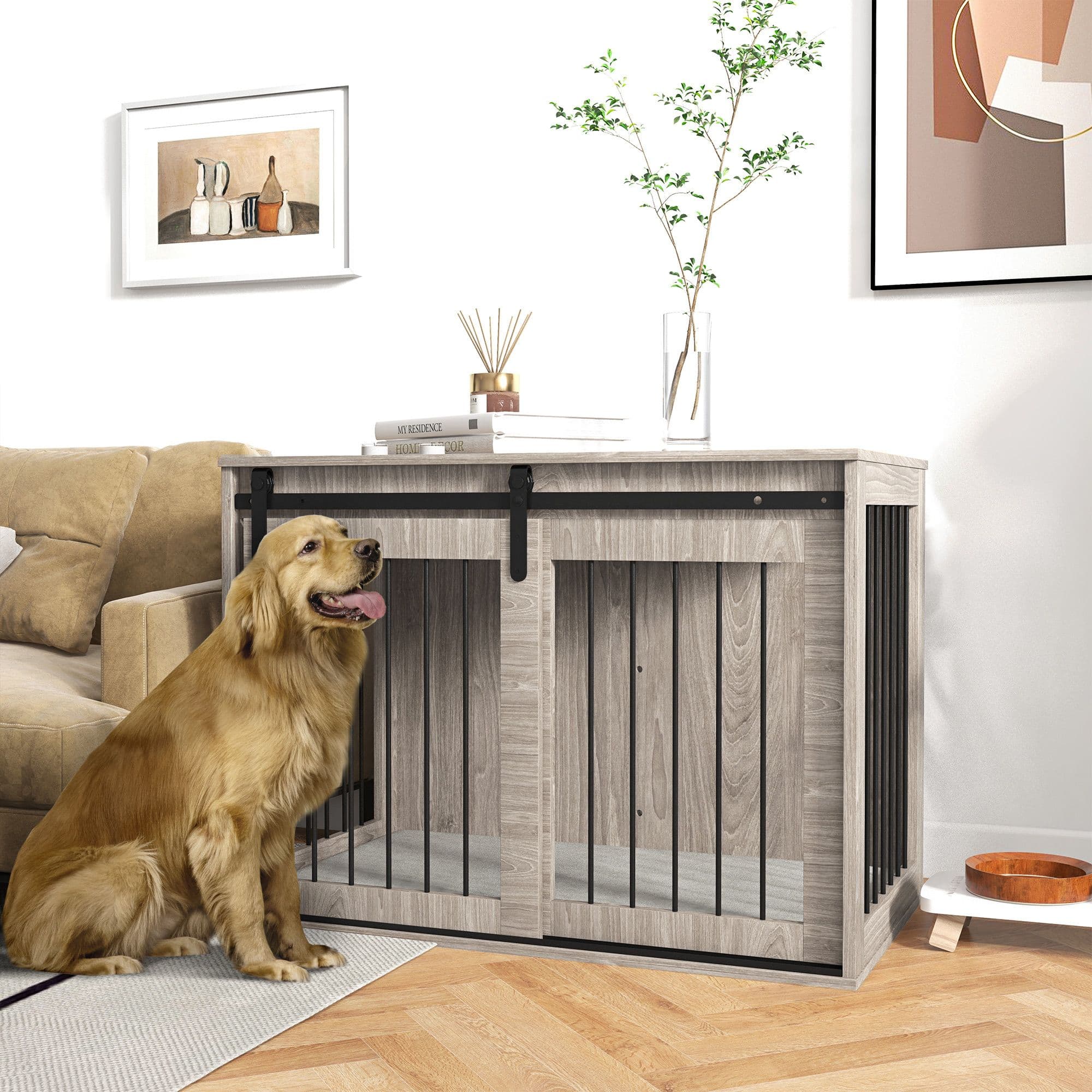 Dog Crate Furniture for Large Dogs with Removable Cushion - Brown
