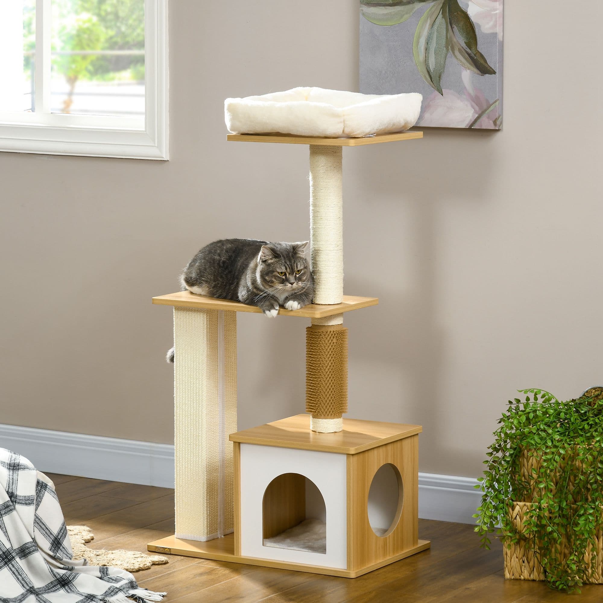 114cm Cat Tree with Scratching Posts, Cat House, Cat Bed, Perches - Oak Tone