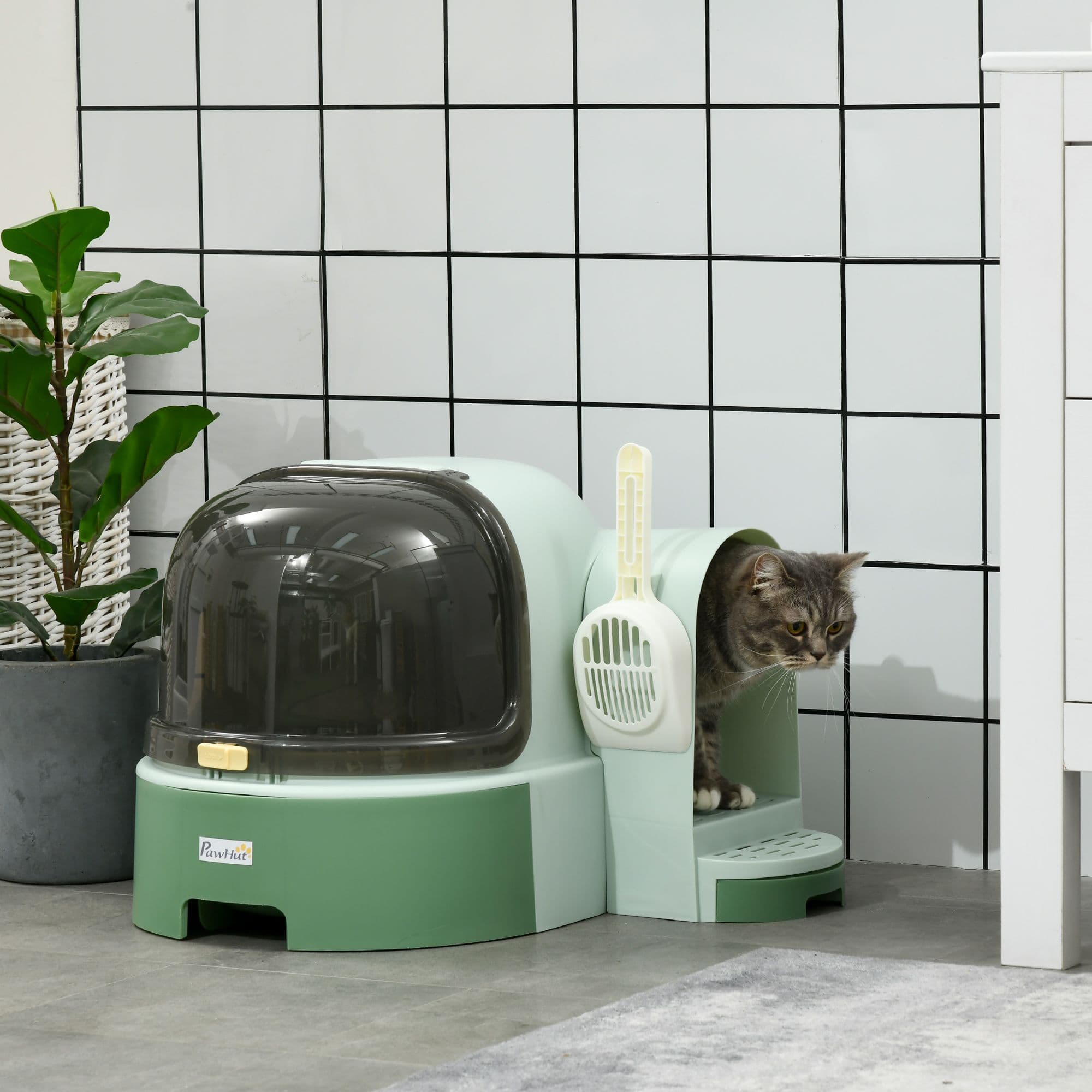2 In 1 Cat Litter Box, Cat House w/ Drawer Pans, Scoop, Openable Cover, Green