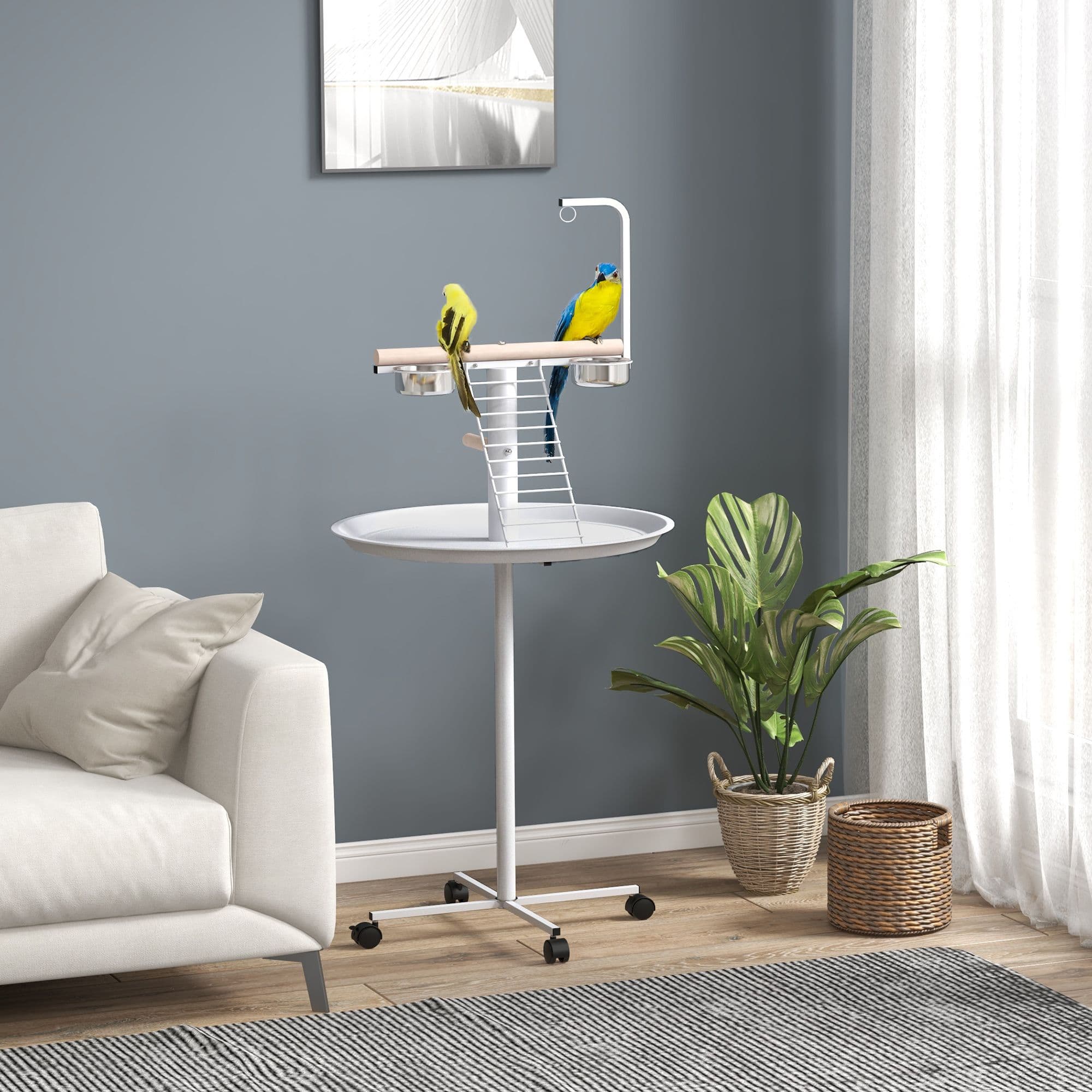 Bird Table with Four Wheels, Perches, Stainless Steel Feed Bowls, Round Tray