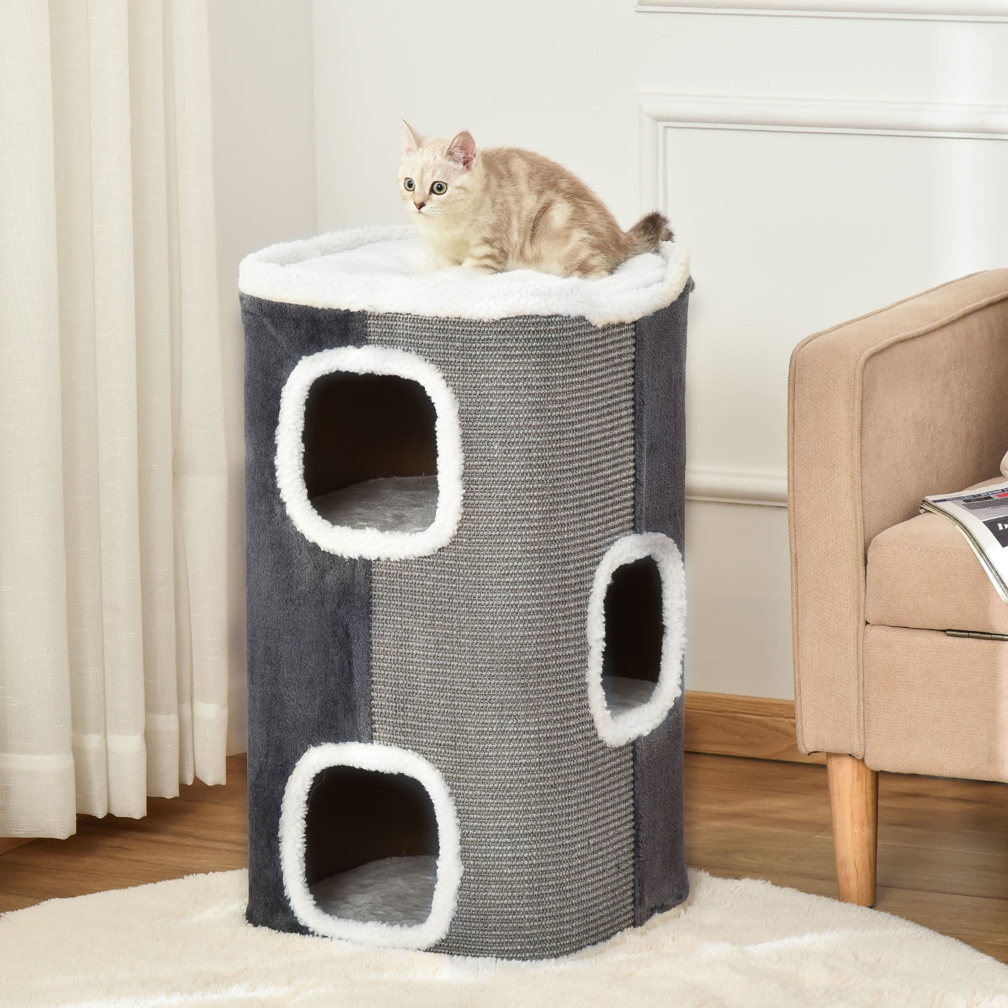 Cat Barrel Kitten Tree Tower Sisal Scratching Pet Furniture Climbing Frame