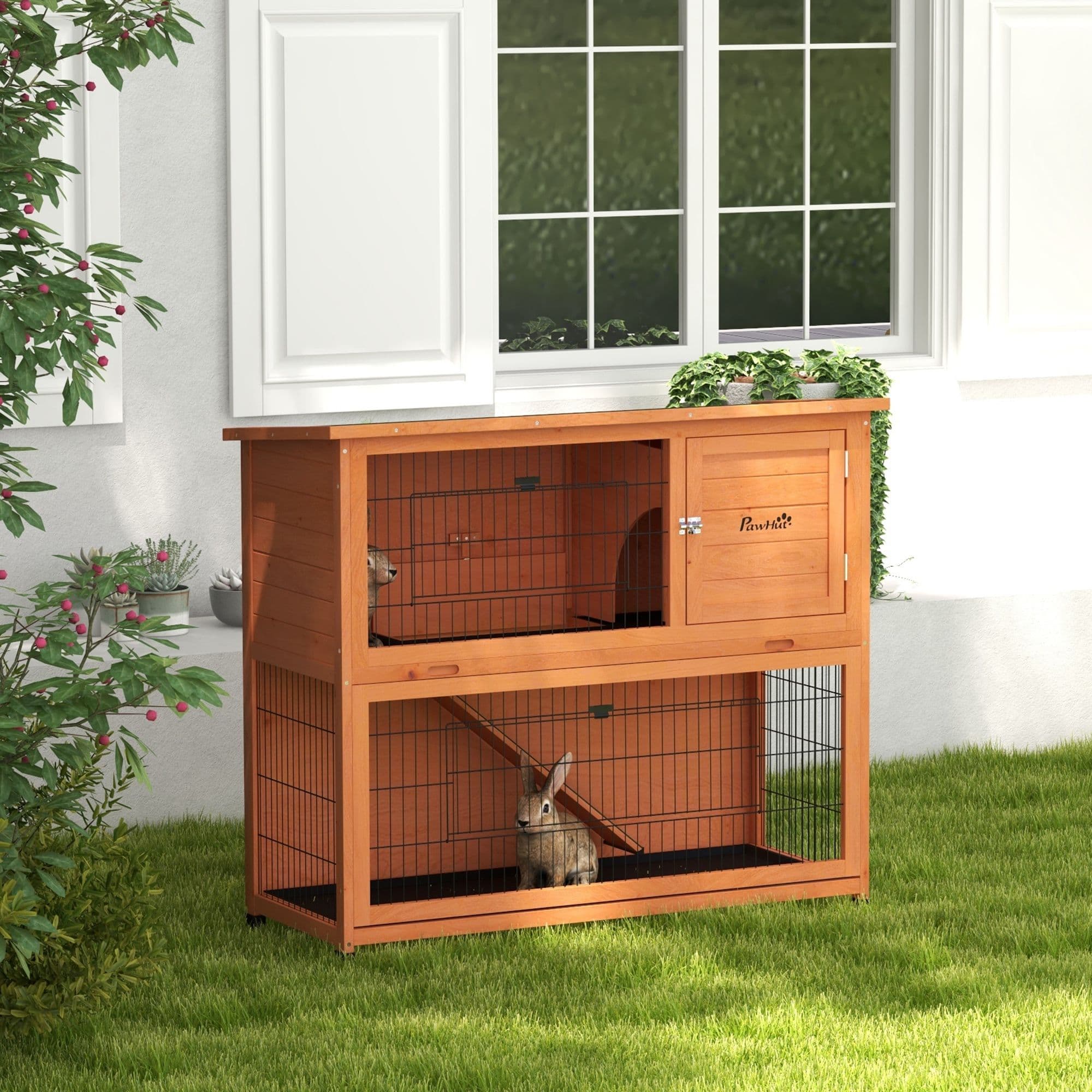 Two-Tier Rabbit Hutch, 102cm Cage with Run, Doors, Tray, Ramp, Asphalt Roof