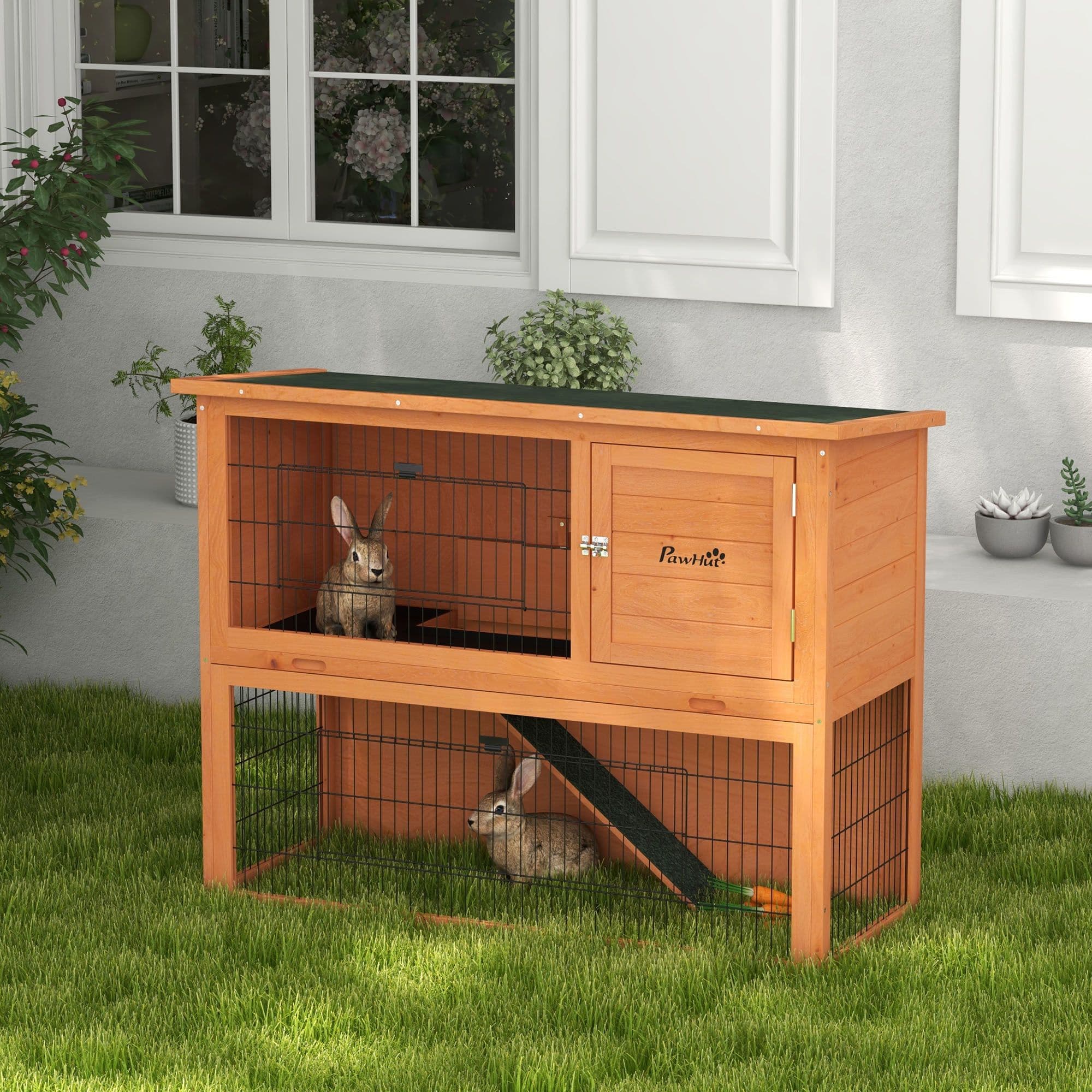 Two-Tier Rabbit Hutch, 92cm Cage with Run, Doors, Tray, Ramp, Asphalt Roof