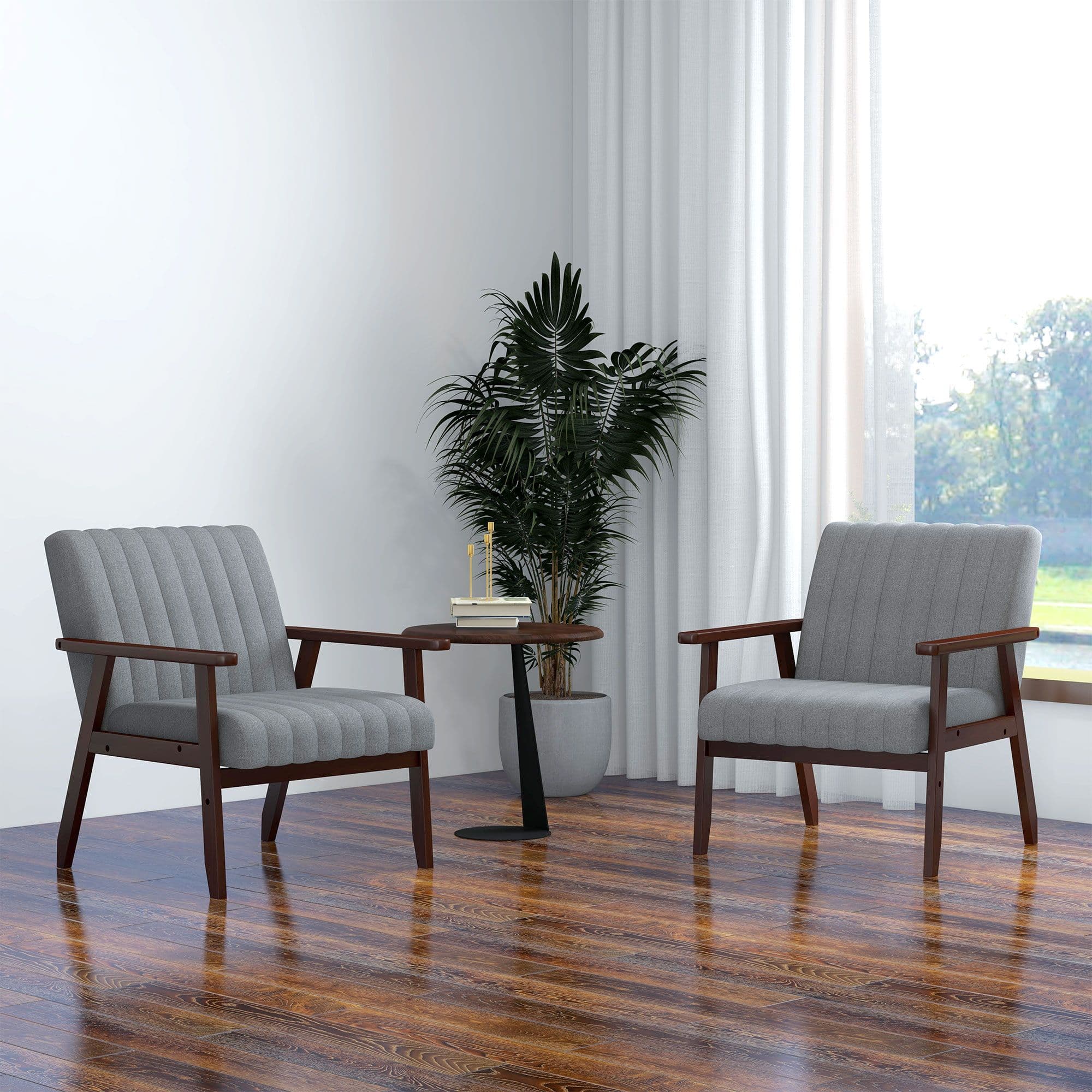 Fabric Accent Chairs Set of 2 with Channel Tufting Pattern Wood Legs
