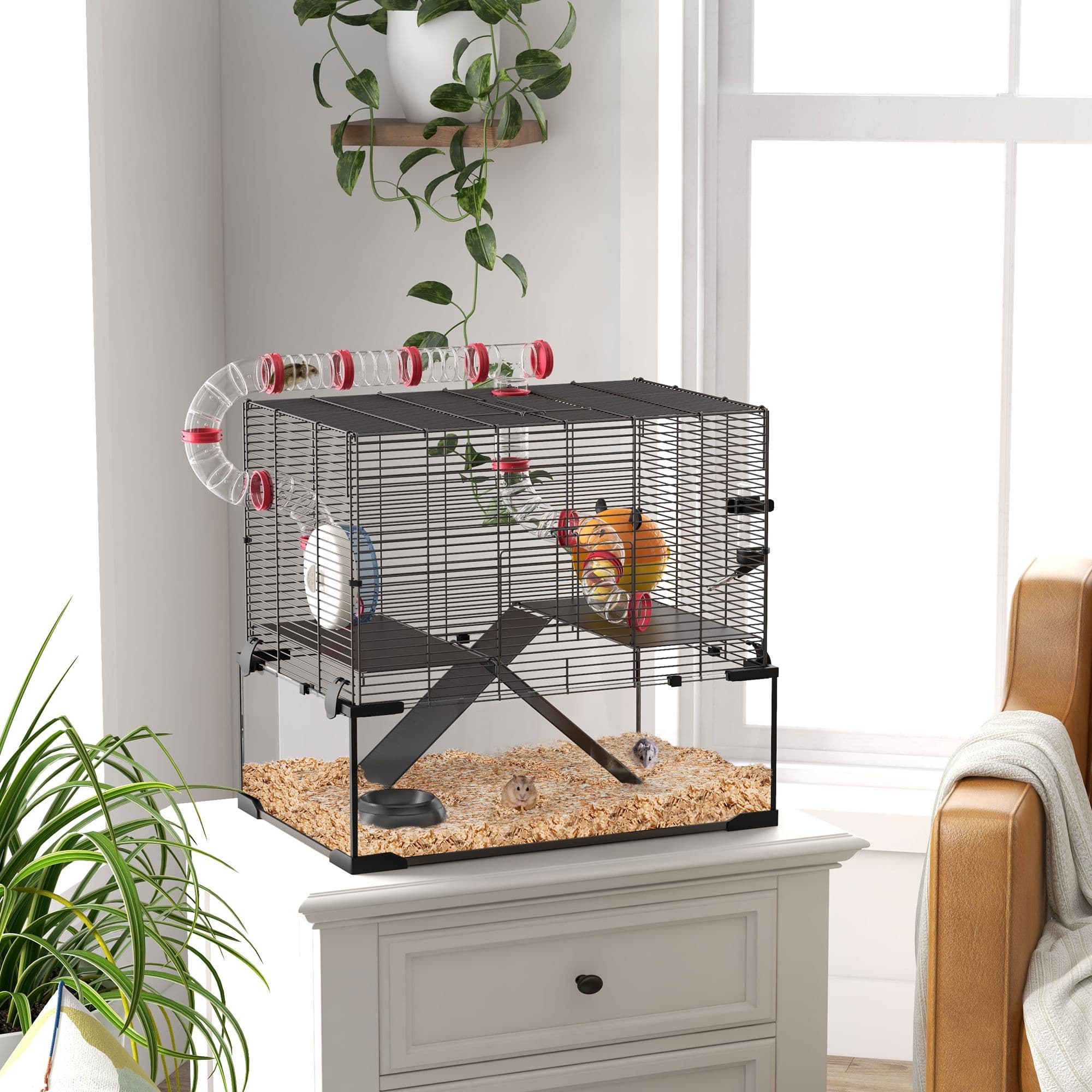 Hamster Cage, Gerbil Cage w/ Deep Glass Bottom, Tunnels, 60 x 40 x 57cm