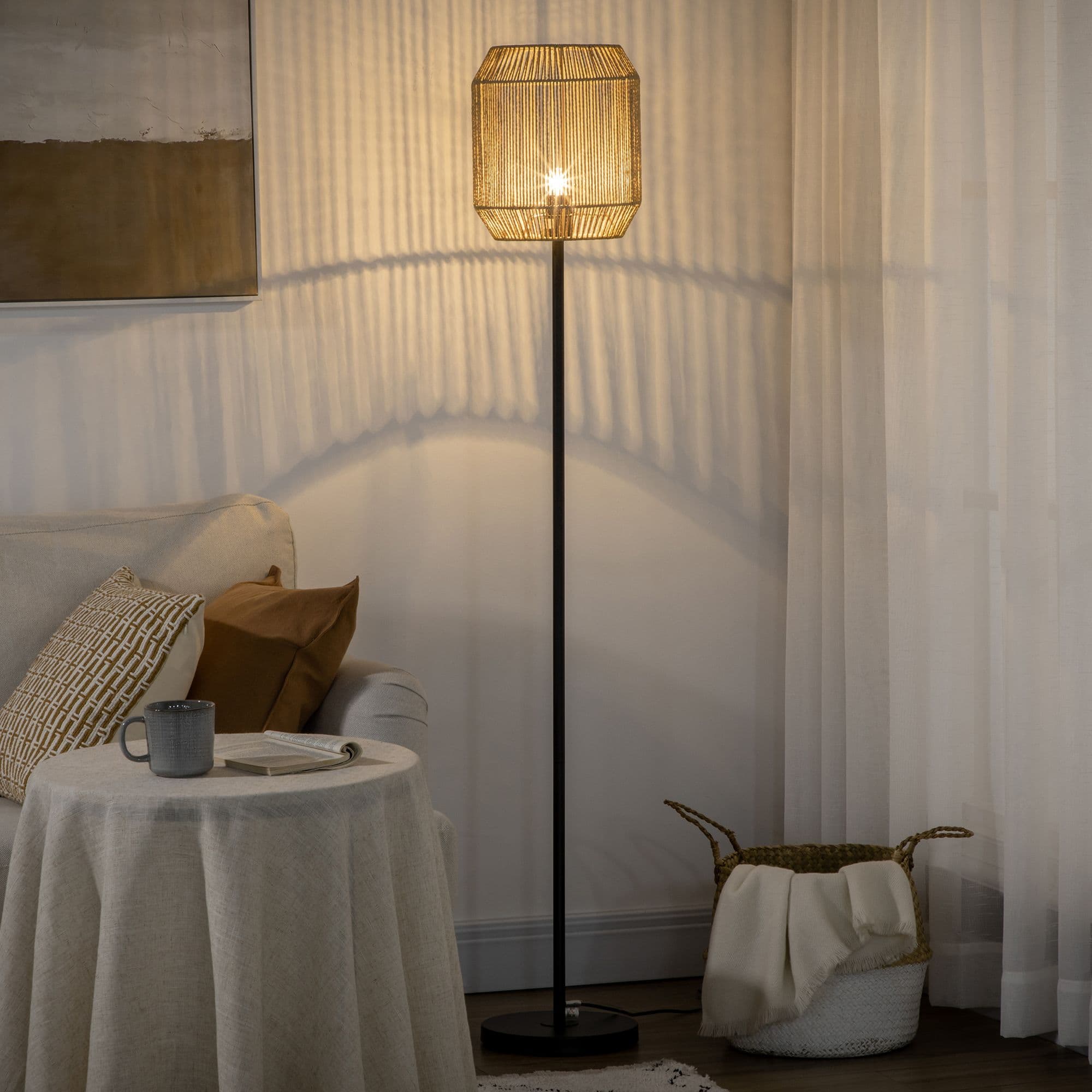 Farmhouse Floor Lamp for Living Room Hand Woven Rattan