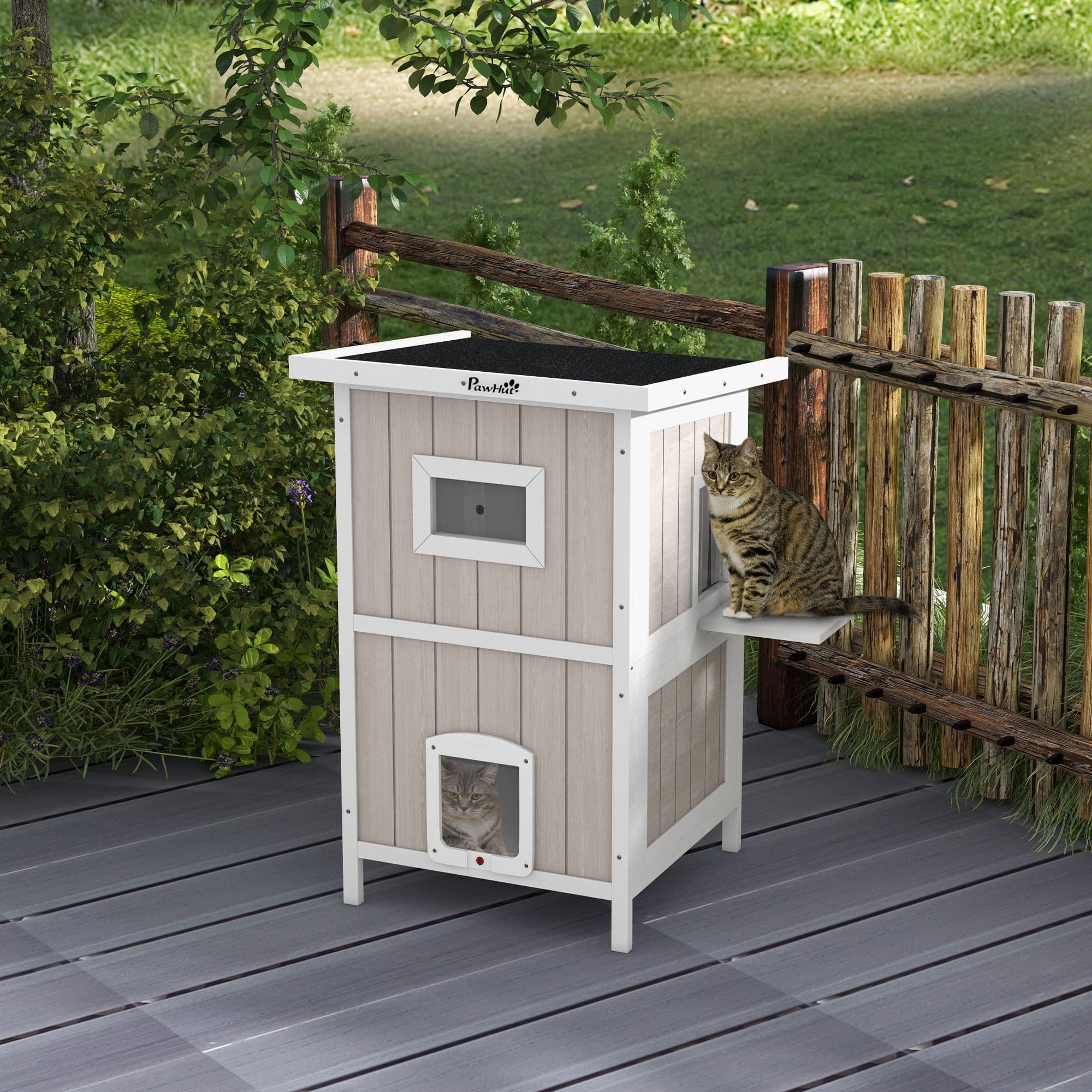 2 Tiers Outdoor Cat House w/ Escape Doors, Asphalt Roof - Light Grey