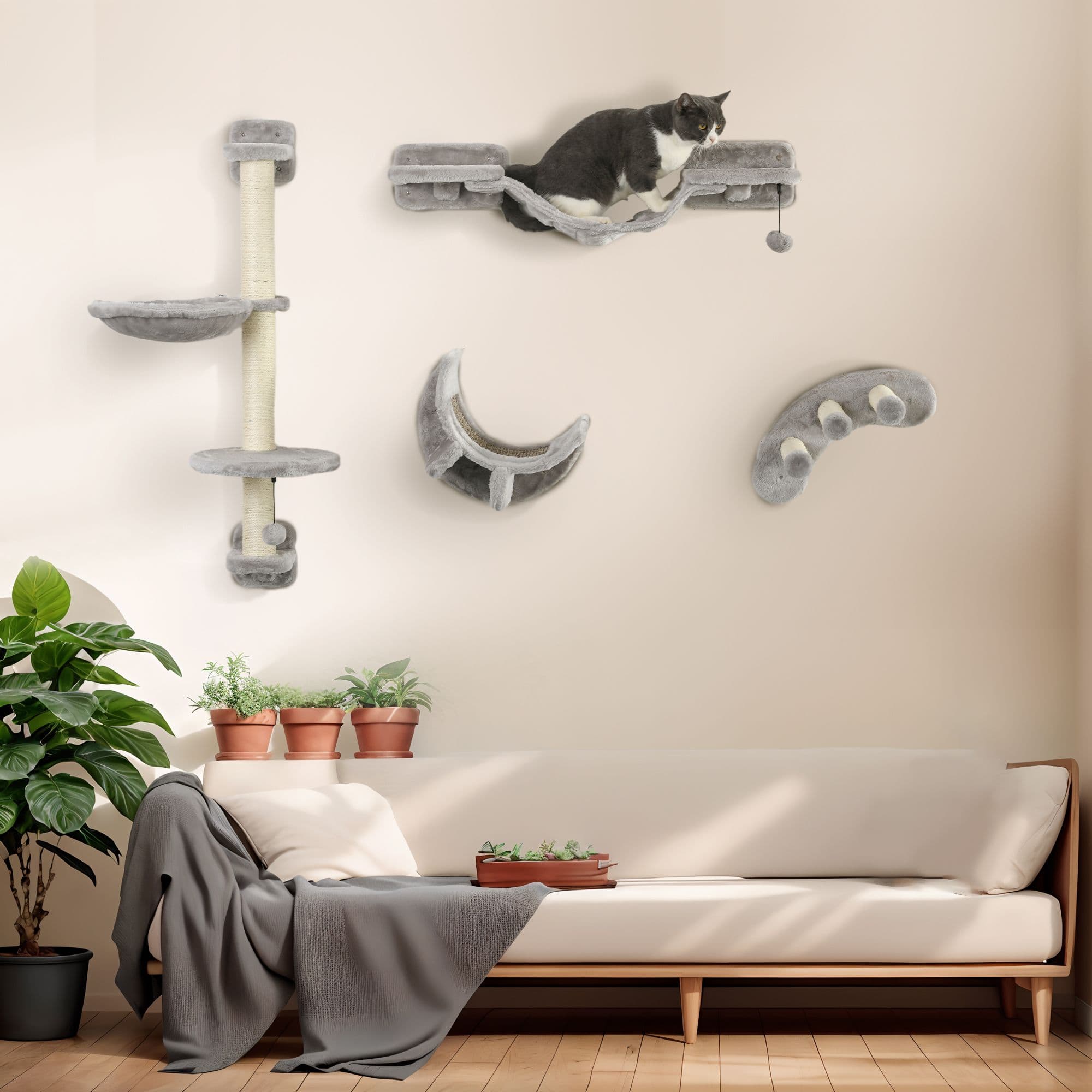 4PCs Cat Wall Shelves Set Cat Wall Furniture for Indoor Use, Grey