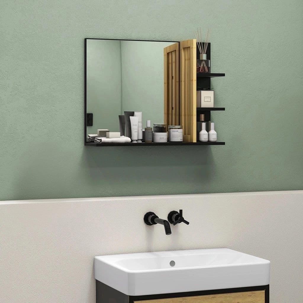 Modern Wall Mounted Bathroom Mirror with 4 Storage Open Shelves Black