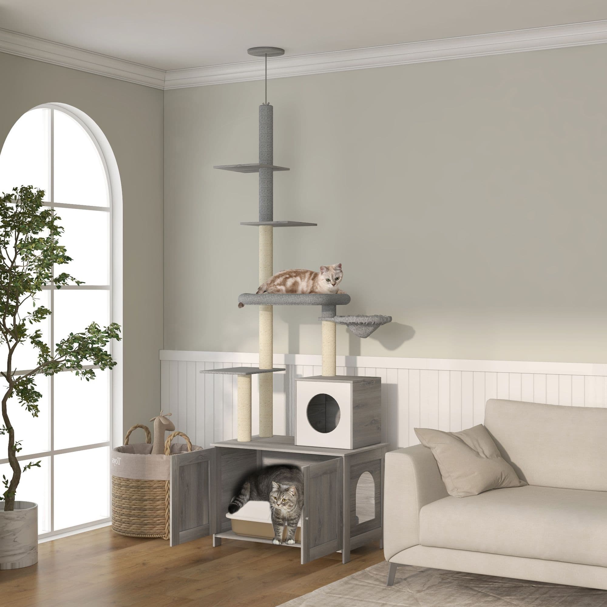 2 in 1 Floor to Ceiling Cat Tree with Hidden Litter Box for Indoor Use, Grey