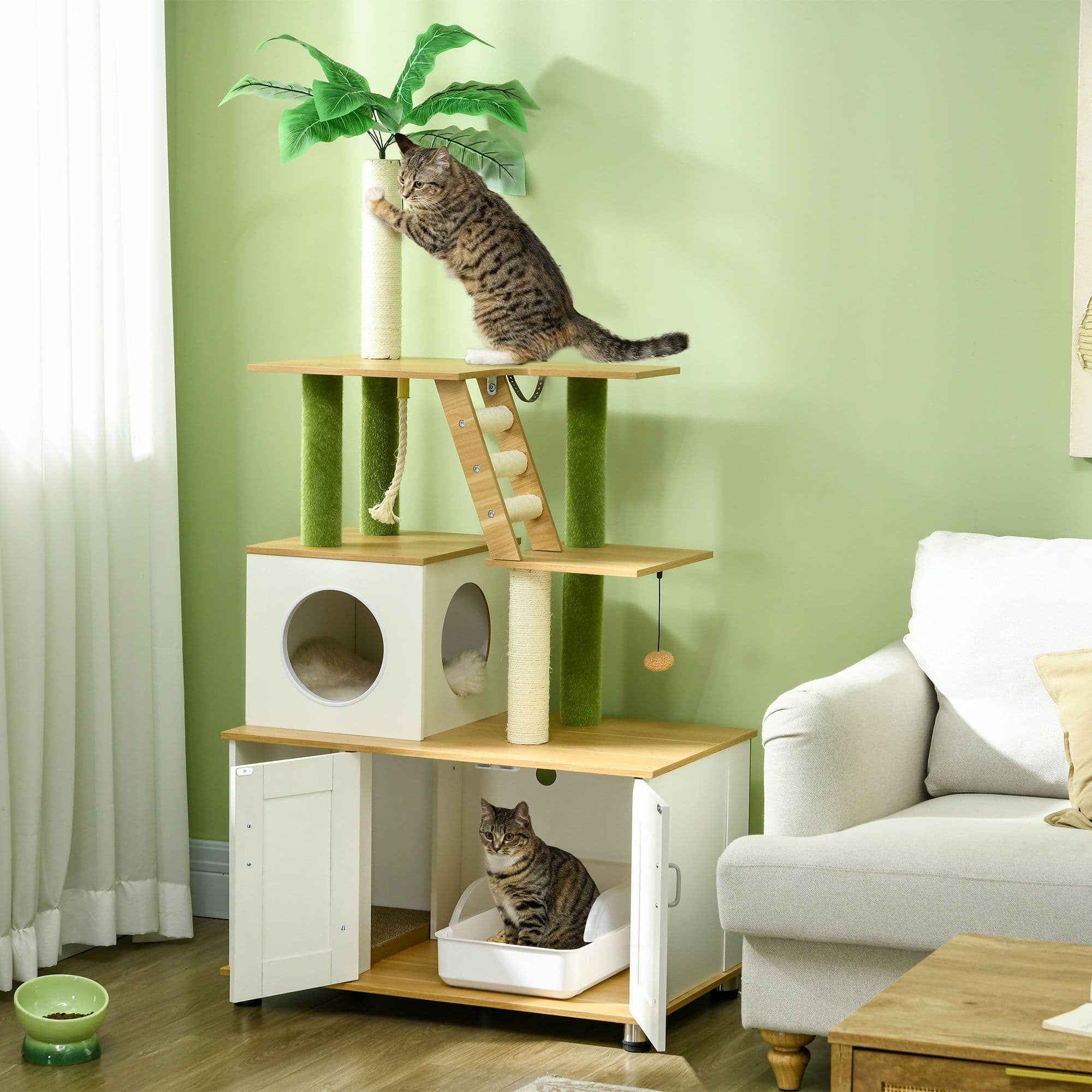 2 in 1 Green Leaf Cat Tree with Hidden Litter Box, House, Indoor Use, Oak