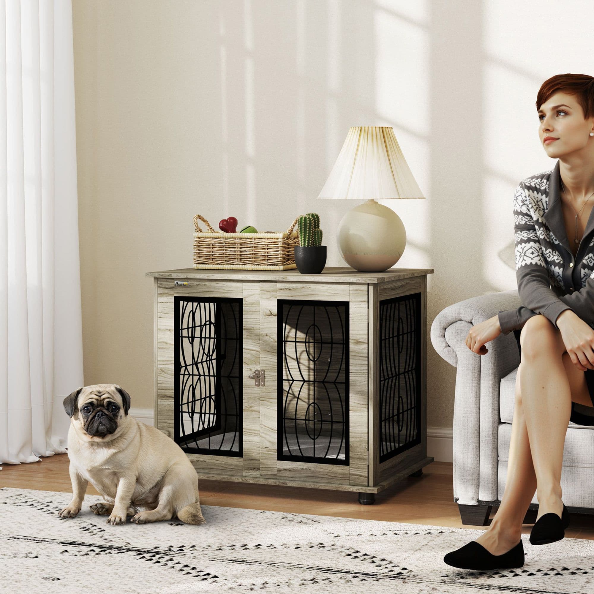 Dog Crate Furniture, 29.5" End Table Indoor w/ Large Top, Washable Cushion