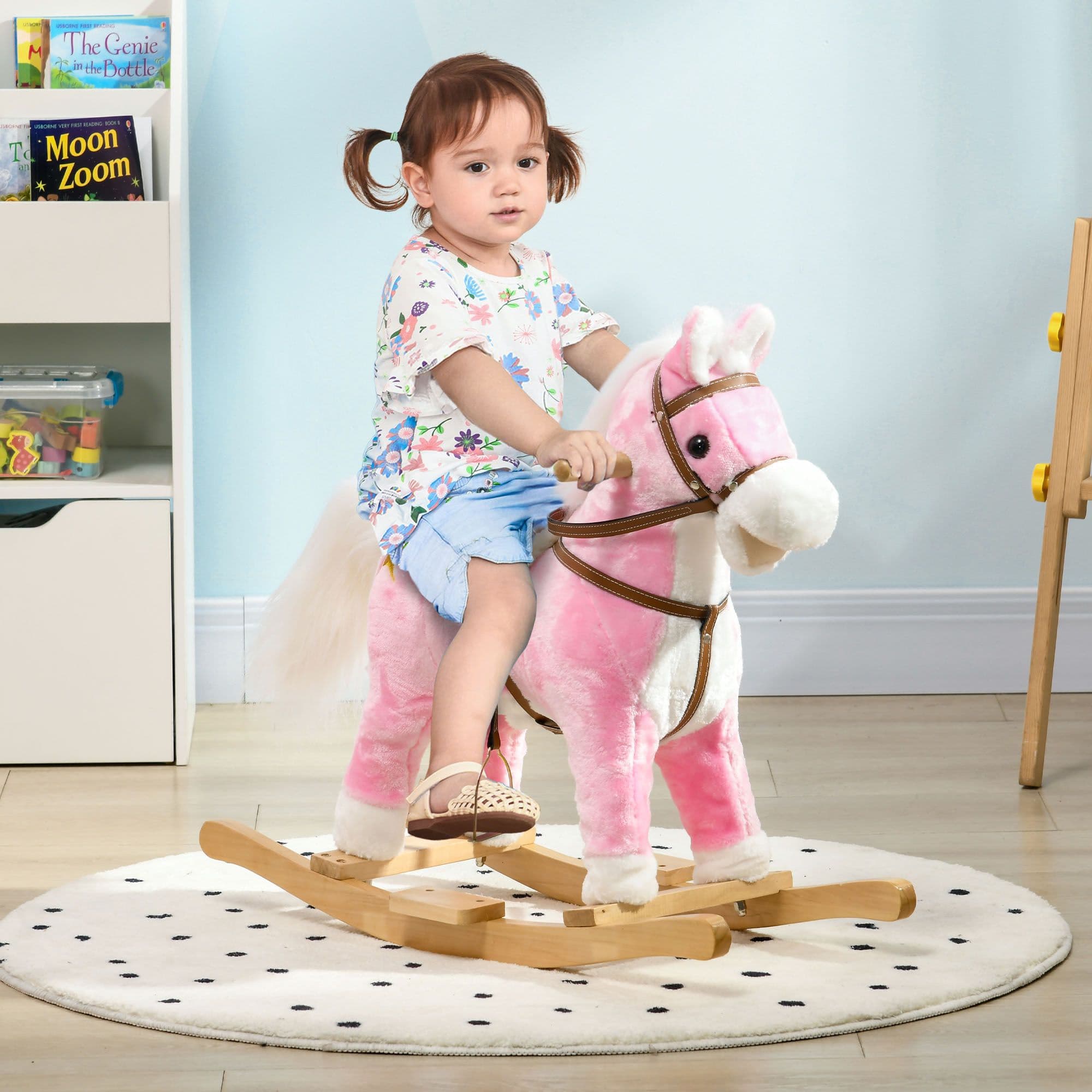 Wooden Rocking Horse with Music, Sound, Saddle for Kids 3-6 Years, Pink