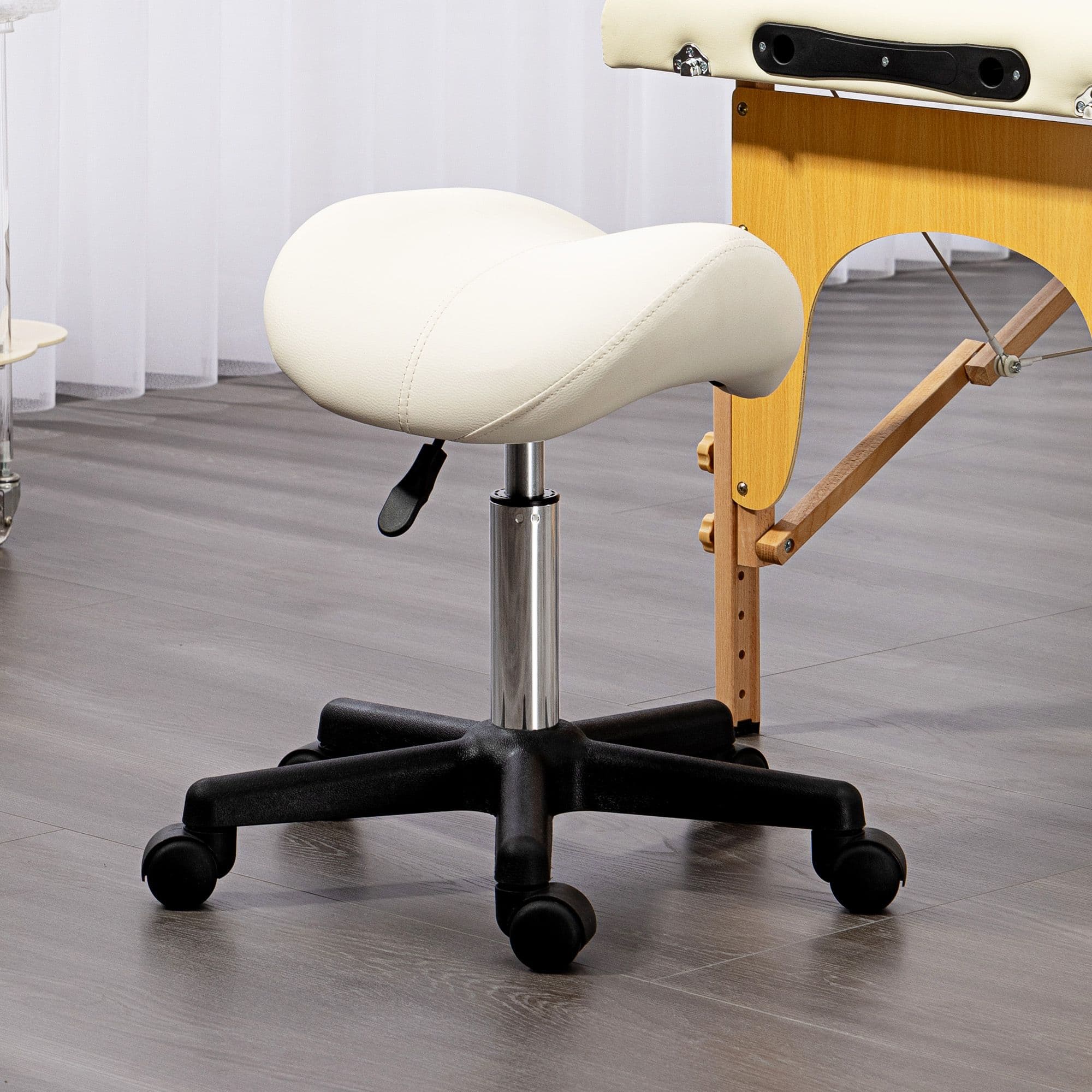 Saddle Stool PU Leather Adjustable Rolling Salon Chair Steel Frame