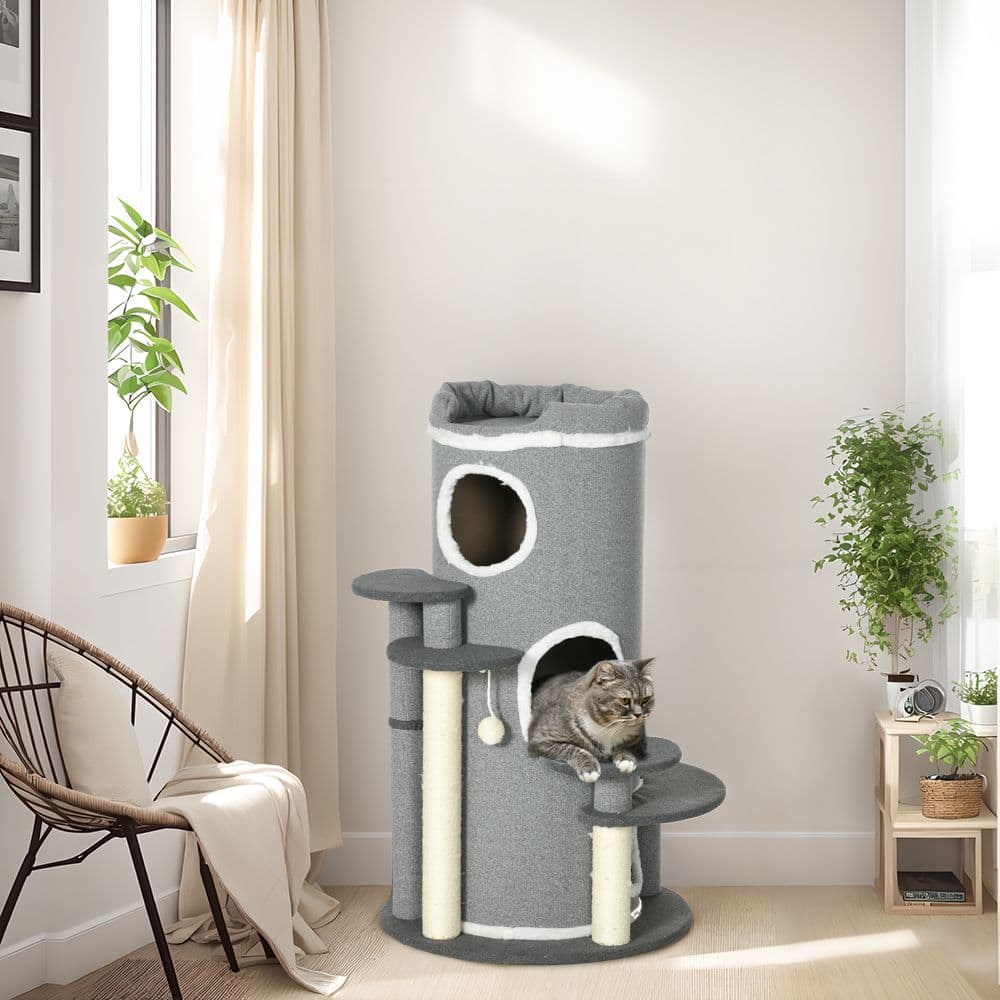 Barrel Shaped Cat Tree with Sisal Scratching Posts, Cat Bed, Platforms, Grey