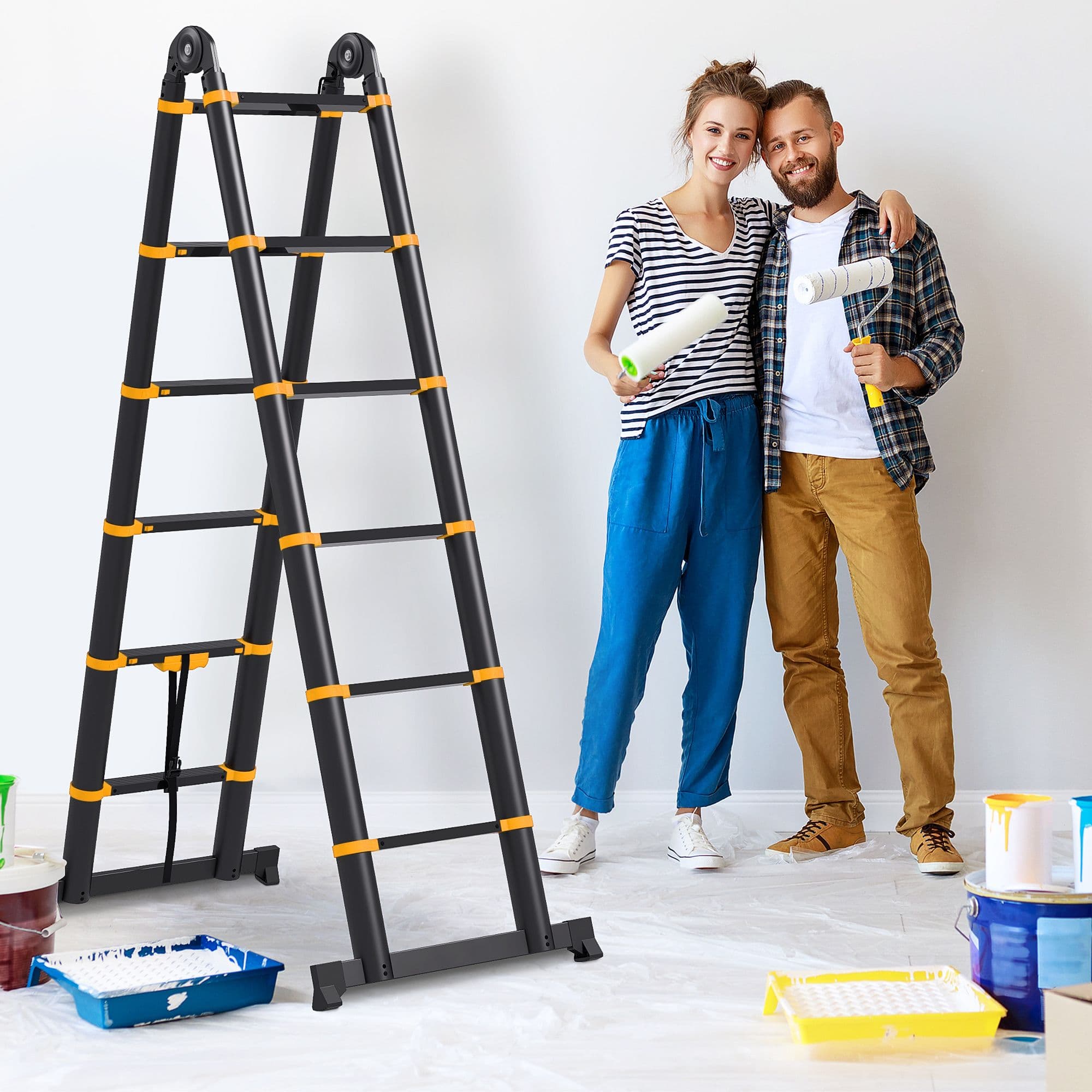3.8M Duo Aluminium Ladder with Tool Holder Herringbone Deployed