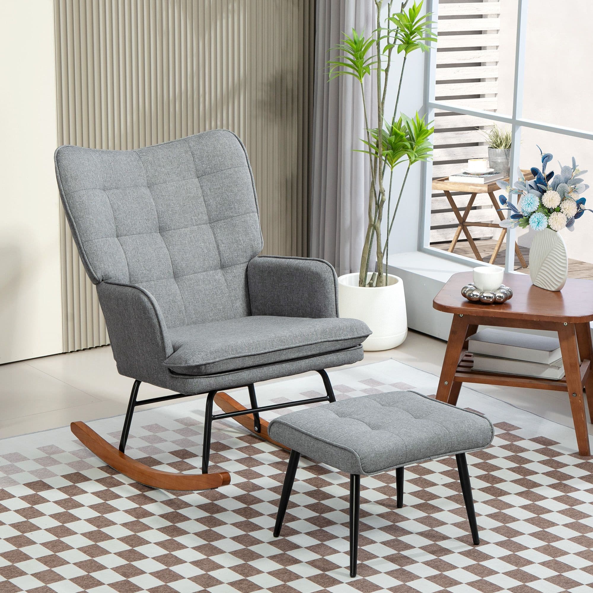 Rocking Chair with Footstool Fabric Wingback Chair for Bedroom Grey