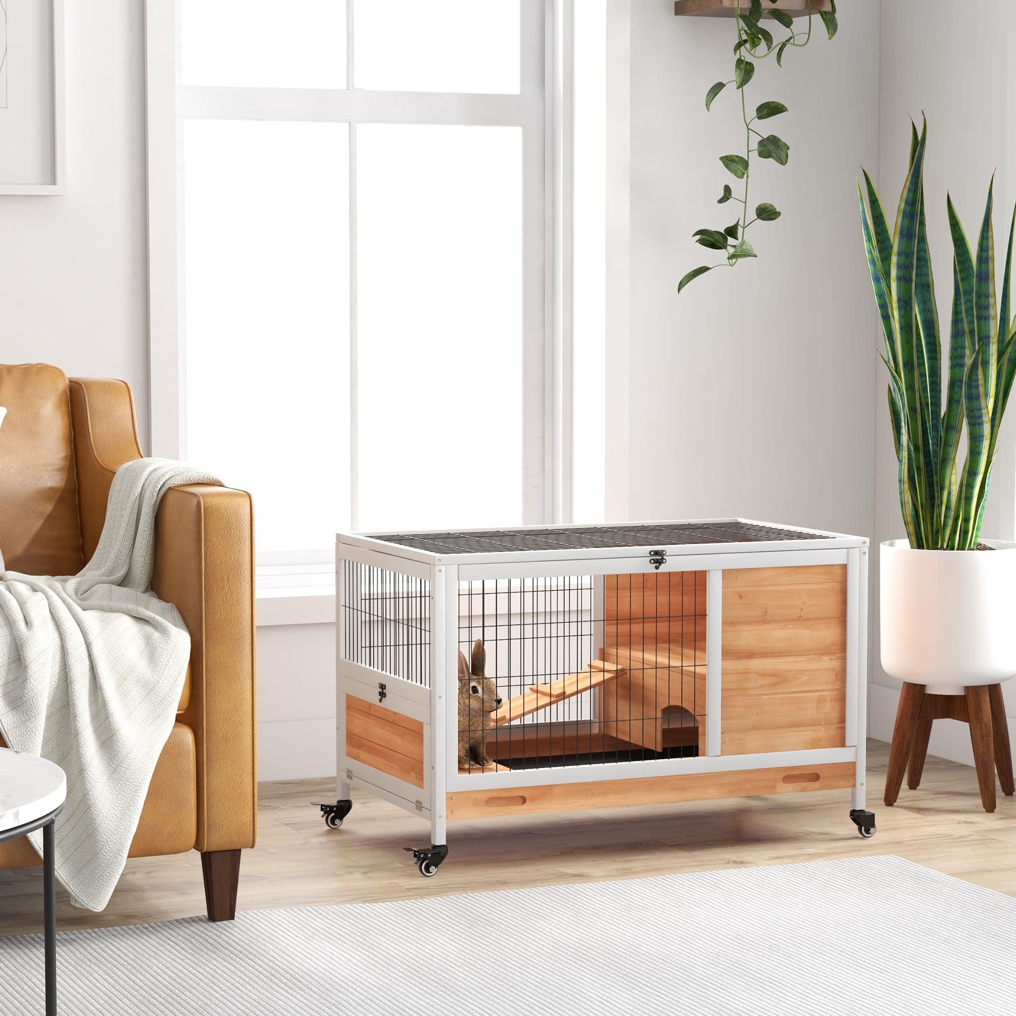 Wooden Indoor Rabbit Hutch, 2-Floor Bunny Cage w/ Enclosed Run Area, Yellow