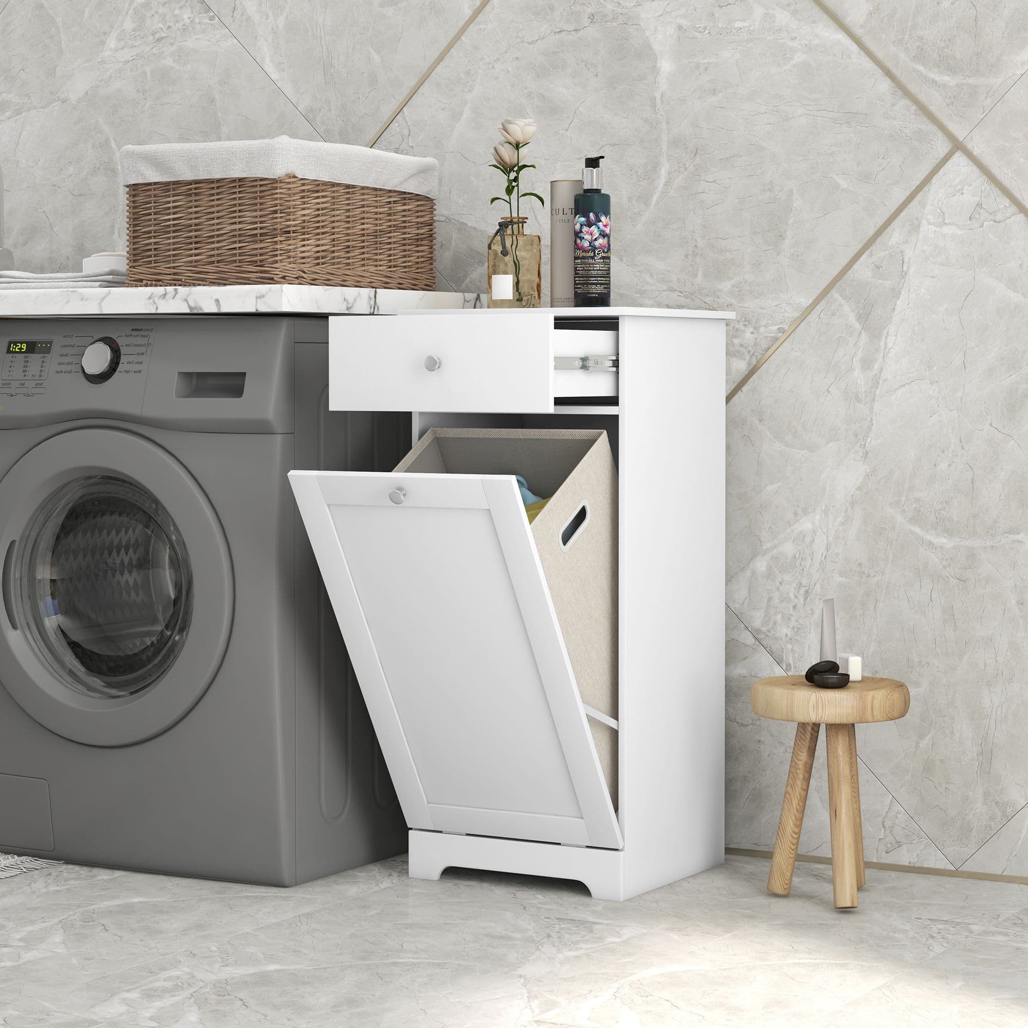 Bathroom Storage Cabinet with Foldable Laundry Hamper and Drawer