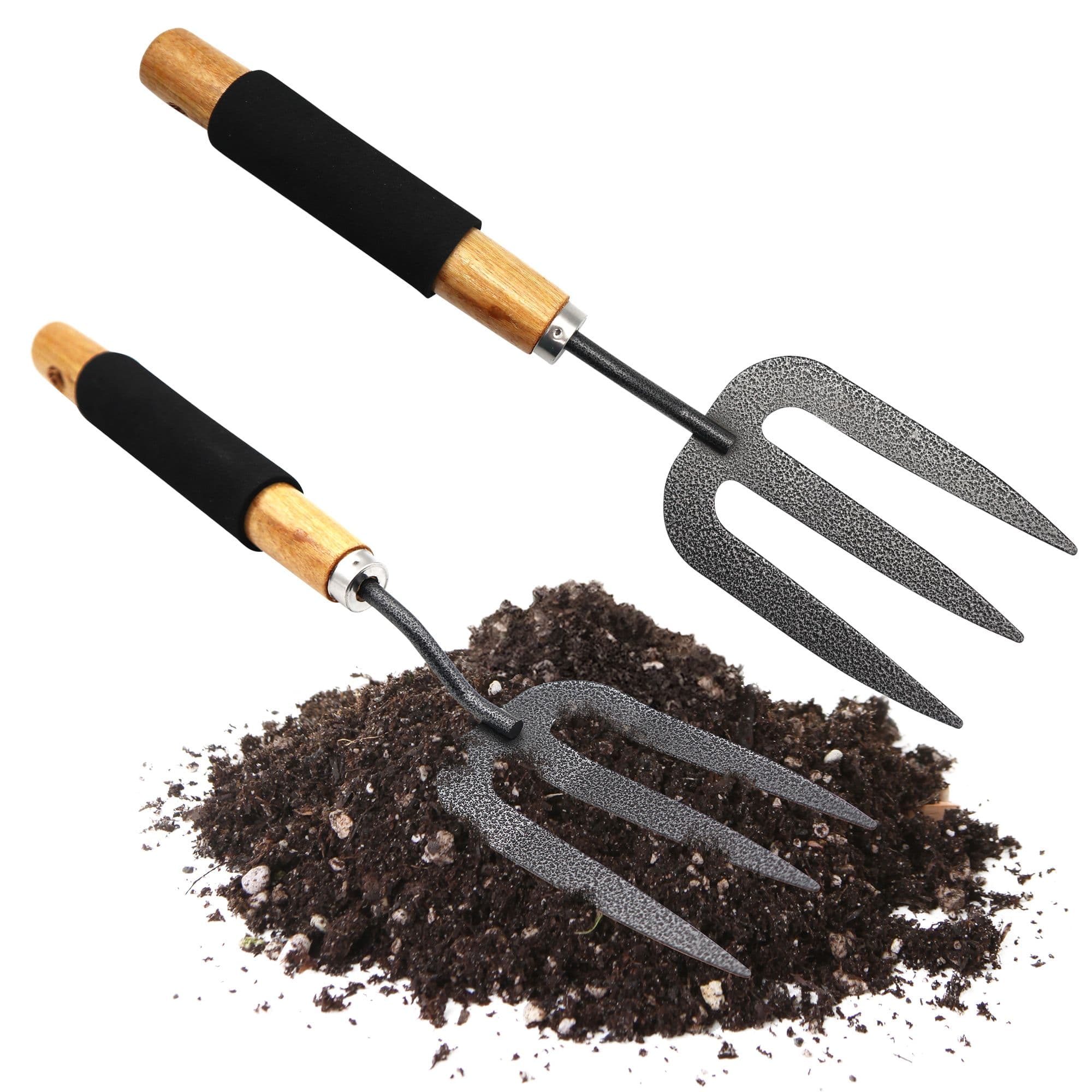 2pk Heavy Duty Gardening Fork 34.5cm Wooden Handle Garden Hand Fork Rubber Grip Effortless Gardening