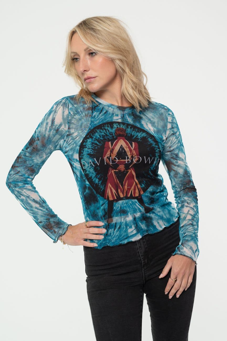 David Bowie Women's Live & Well Long Sleeve Mesh Crop Top in Blue | Size: Medium