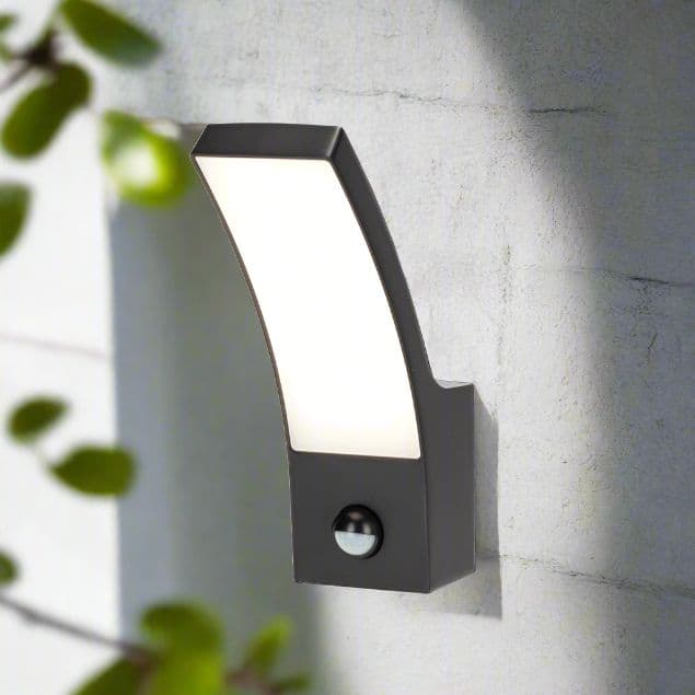 'Millie' Black Curved LED Wall Light PIR Motion Sensor Diecast Aluminium Opal Diffuser 4000k IP54