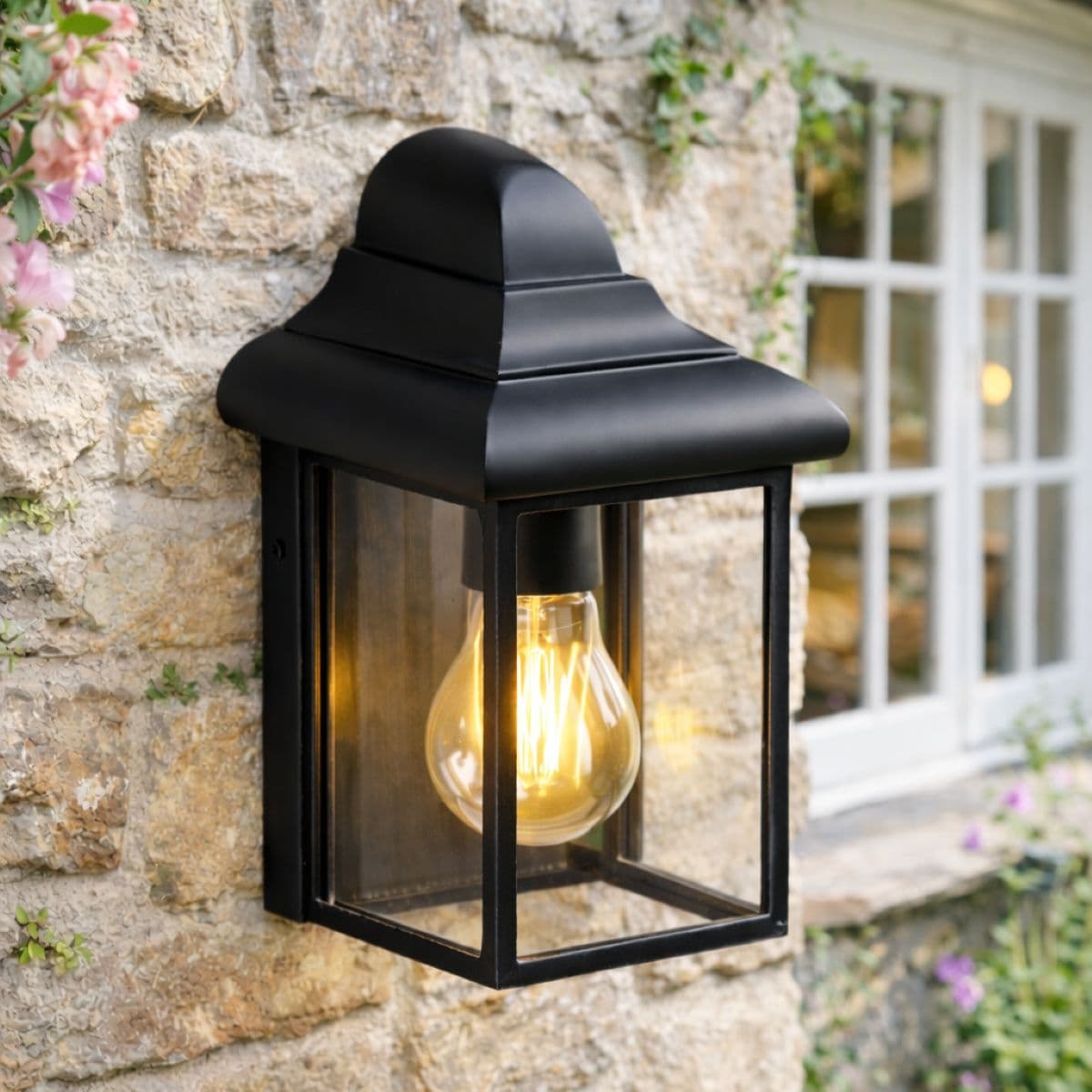 CAMILA Black Outdoor Wall Lantern Clear Diffuser