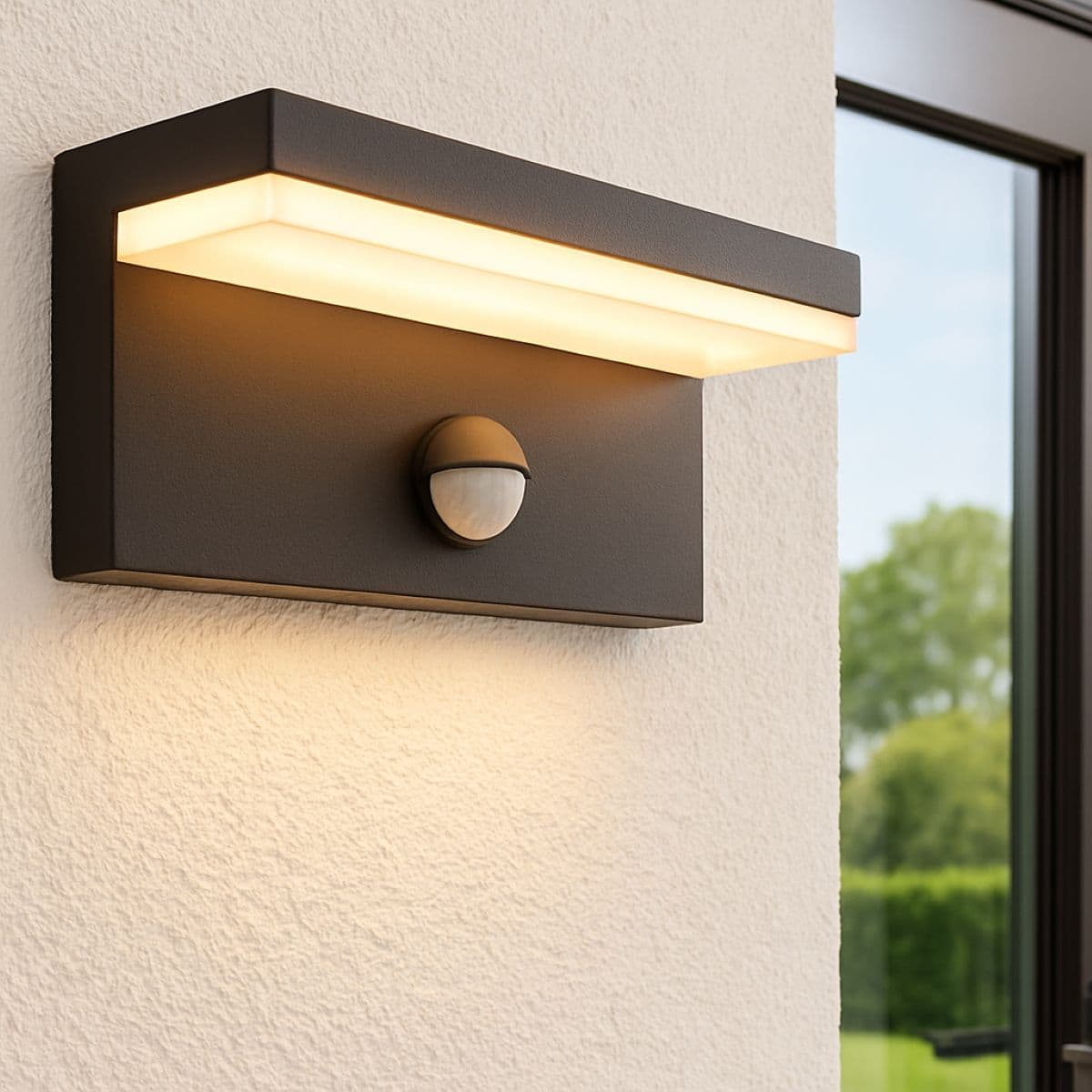 Dallas Black Rectangular Outdoor Wall Light PIR Motion Sensor LED Opal Diffuser 3000k Warm White IP54