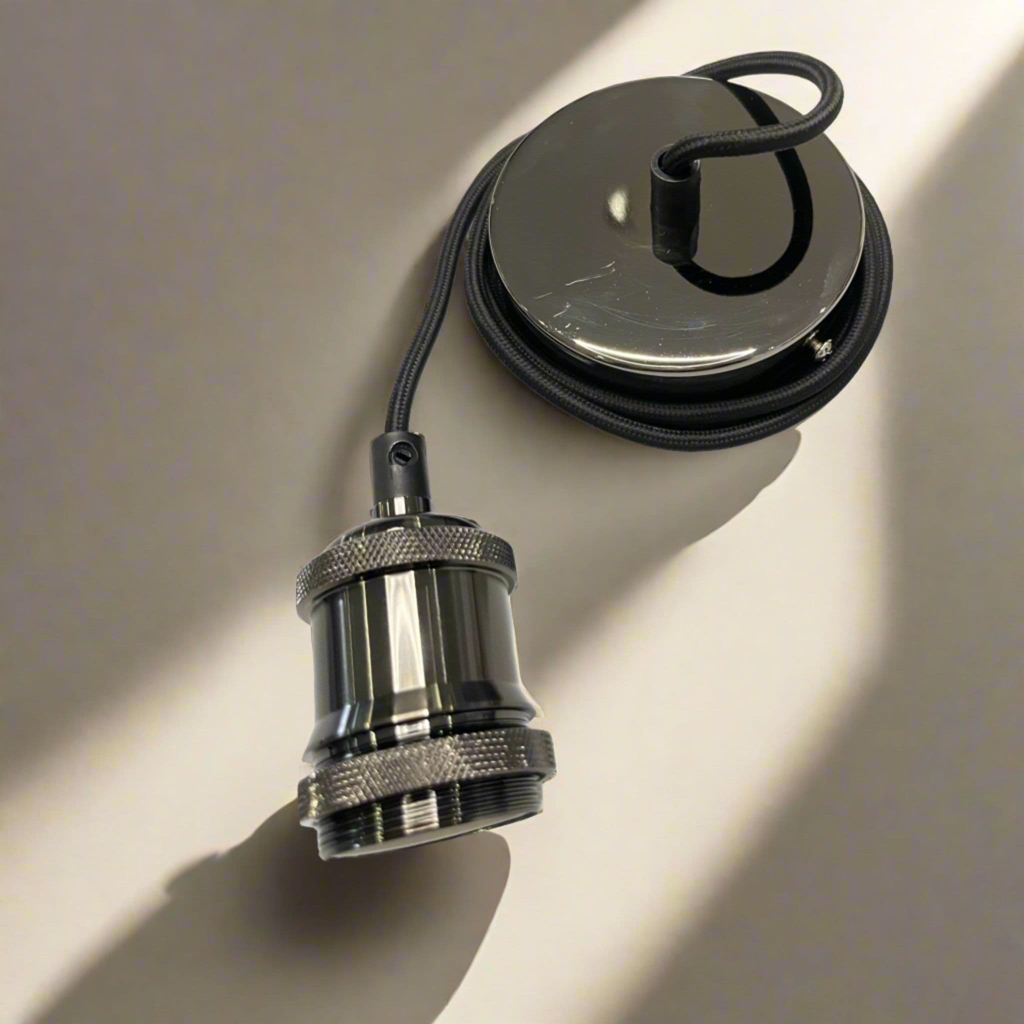 'Cassie' Shiny Black 1.5m adjustable E27 Ceiling Pendant and Matching ceiling Rose