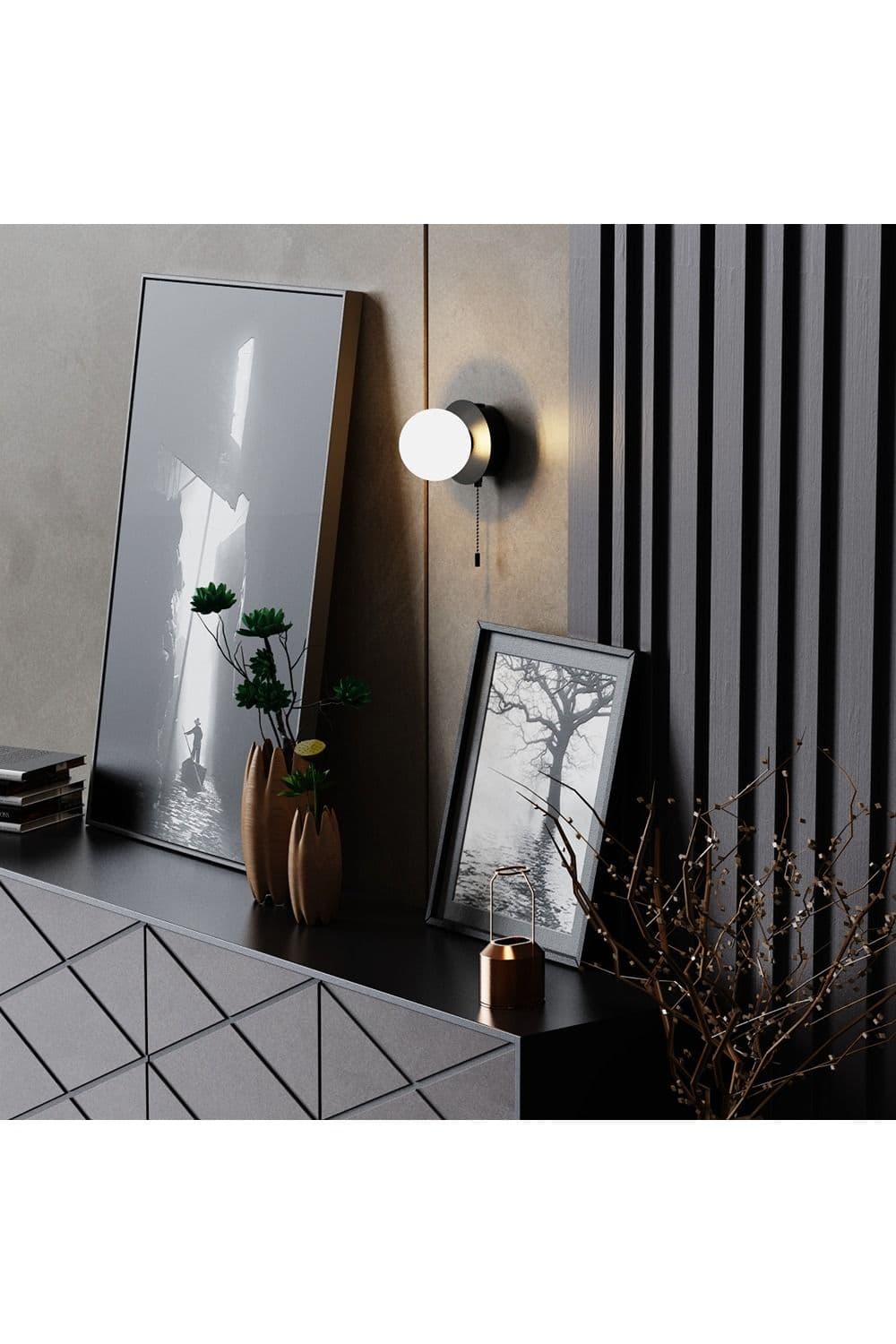 CGC Lighting 'Macie' Black & White Opal Globe LED Rechargeable Magnetic USB Reading Bedside Wall Light Pull Cord Switch