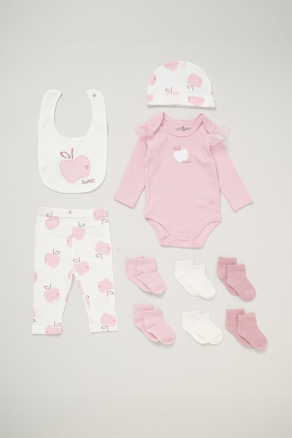 10 Piece Bodysuit Hat Trouser Bib 6 Pack Socks Gift Set